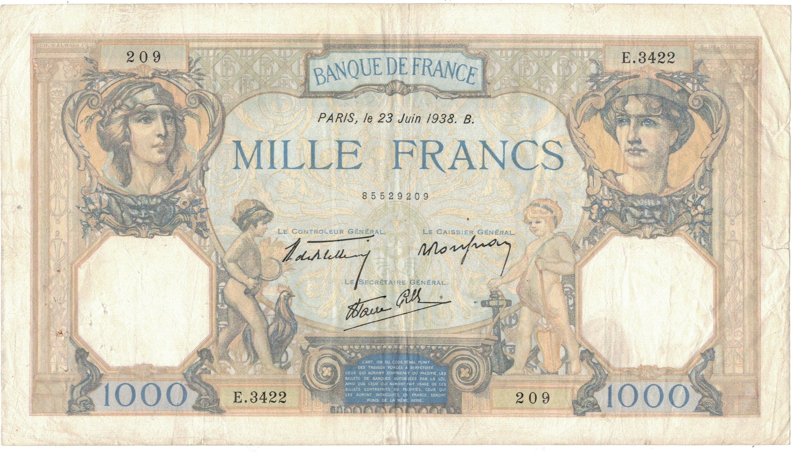 Frankreich, 1000 Francs, Cérès et Mercure, 1938, E3422 209, SS, Fayette:38.20