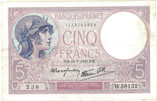 França, 5 Francs, Violet, 1939, 238 W.58132, AU(50-53), Fayette:04.01, KM:83