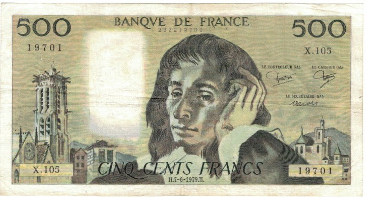 France, 500 Francs, Pascal, 1979, X.105 19701, AU(50-53), Fayette:71.20, KM:156e