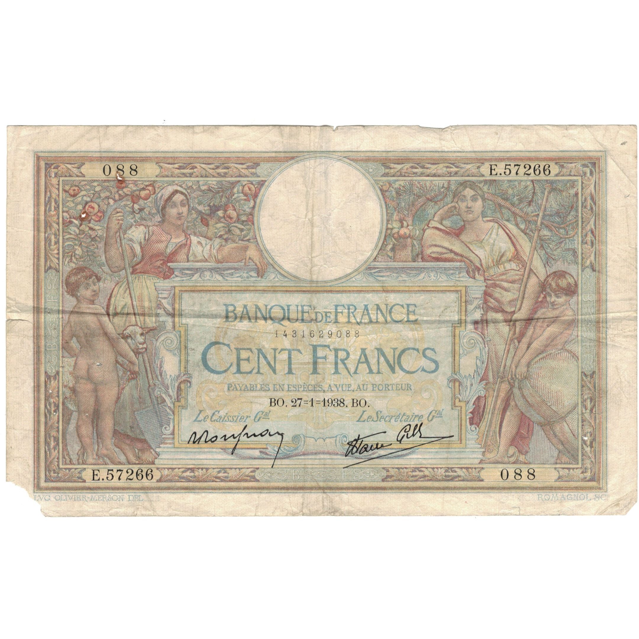 France, 100 Francs, Luc Olivier Merson, 1938, E.57266 088, VG(8-10)