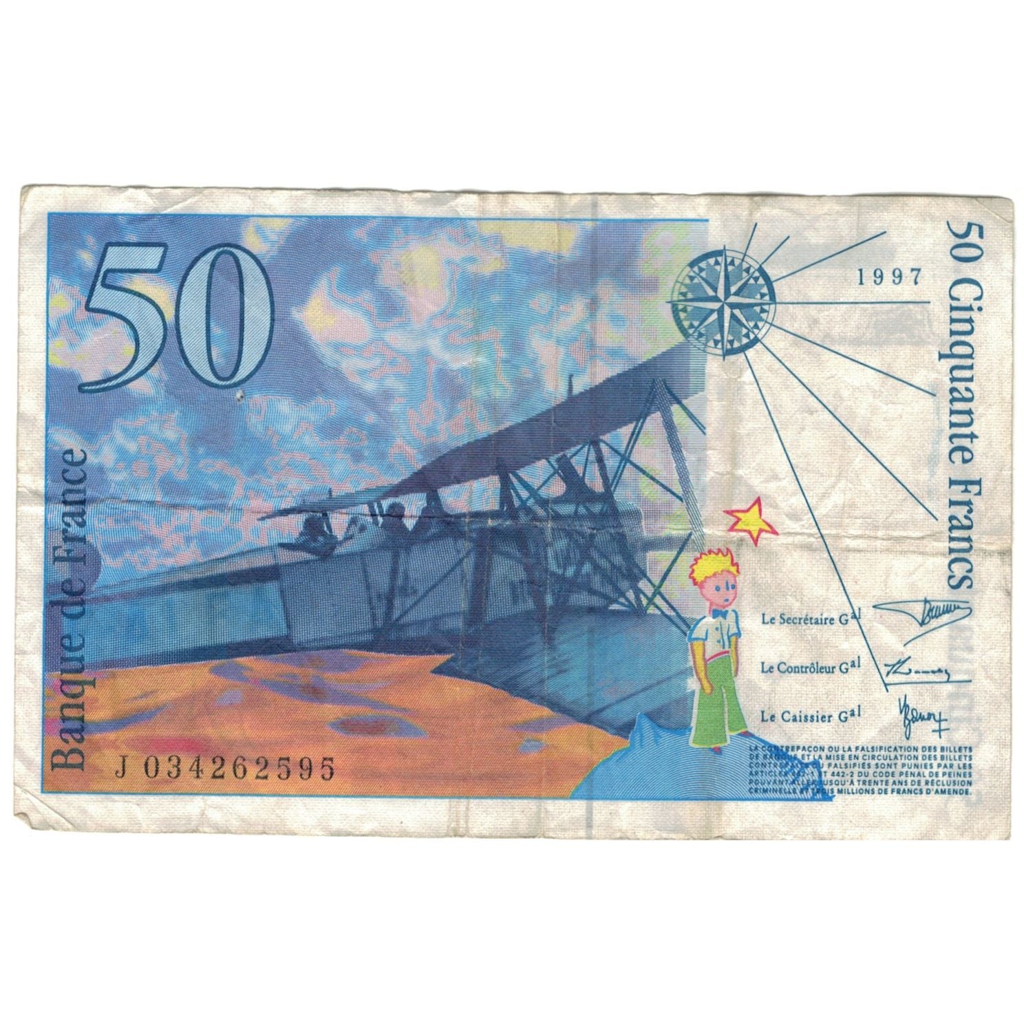 France, 50 Francs, St Exupéry, 1997, J034262595, TB+, Fayette:73.4, KM:157Ad