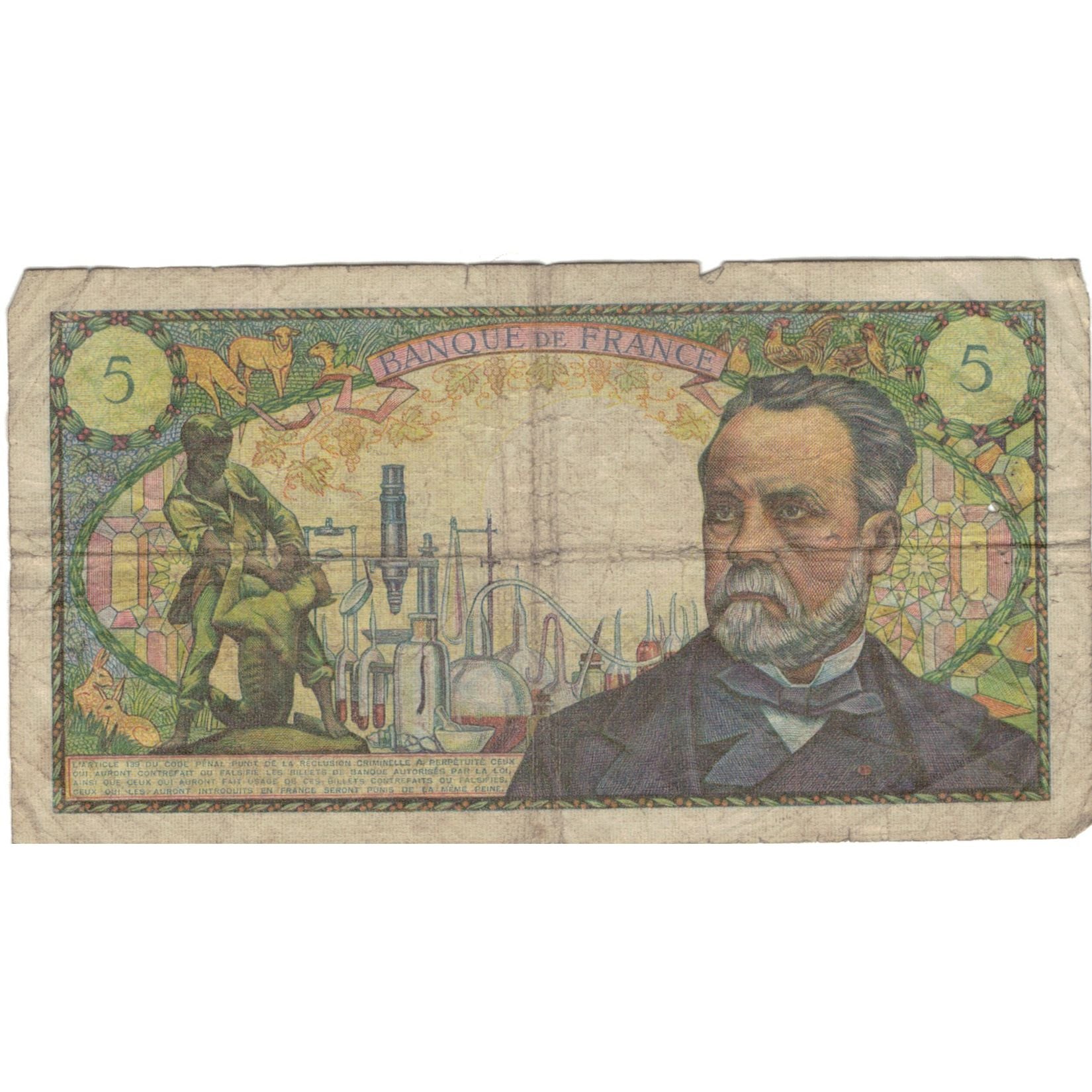 France, 5 Francs, Pasteur, 1966, 71707 W.42, B+, Fayette:61.4, KM:146a