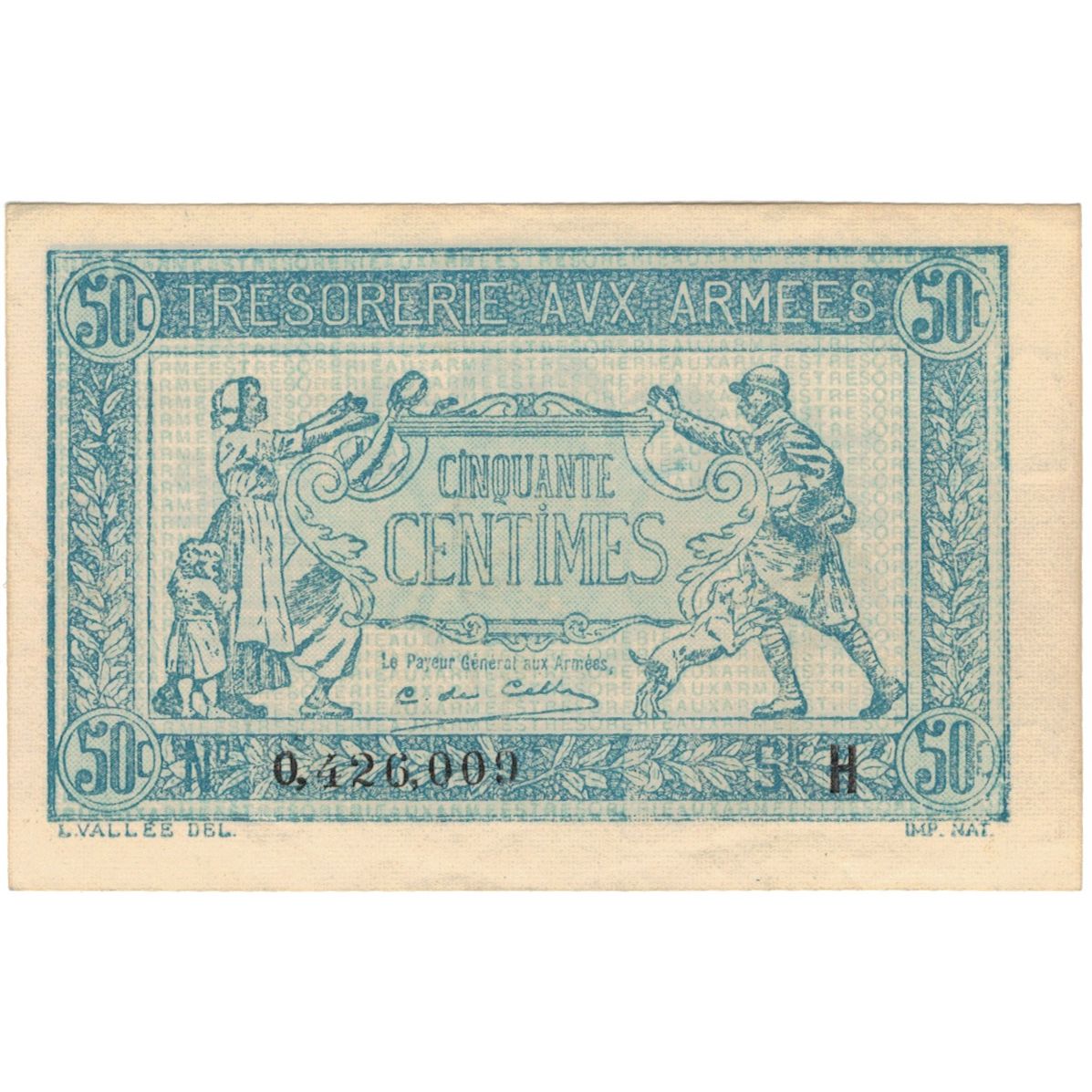 França, 50 Centimes, 1917-1919 Army Treasury, 0 426 009, UNC(63)