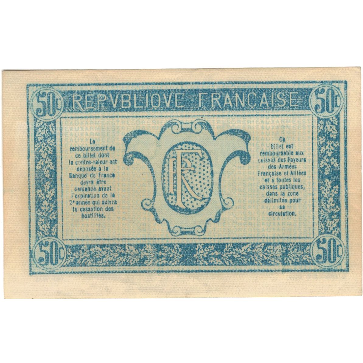 França, 50 Centimes, 1917-1919 Army Treasury, 0 426 009, UNC(63)