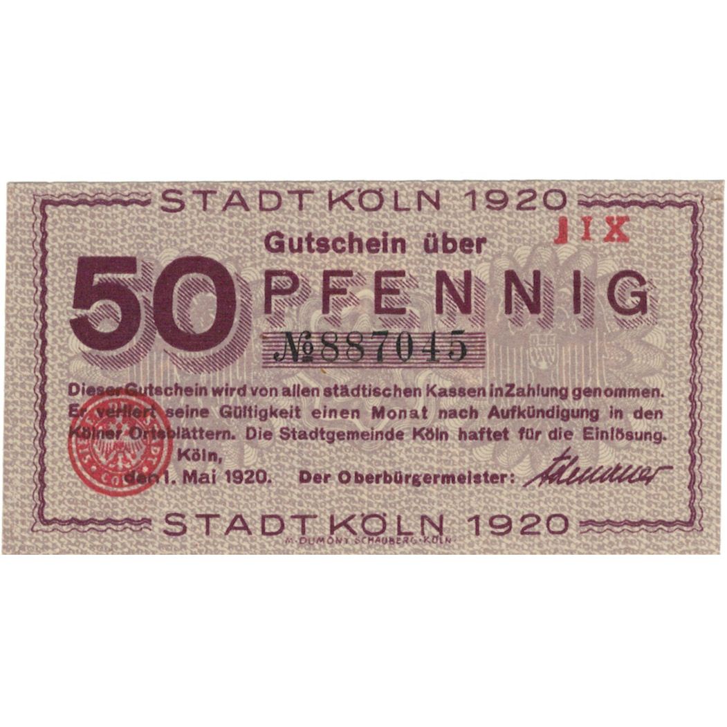 Banknote, Germany, Köln Stadt, 50 Pfennig, Batiment, 1920, 1920-05-01, UNC(63)