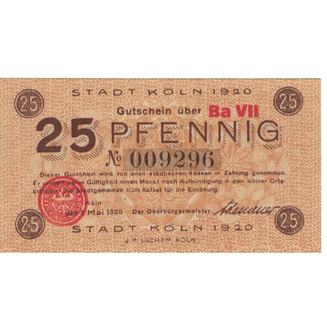 Banknote, Germany, Köln, 25 Pfennig, valeur faciale, 1920, 1920-05-01