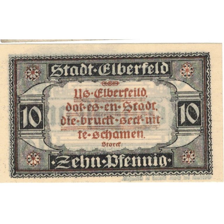 Banknot, Niemcy, Elberfeld Stadt, 10 Pfennig, Texte, 1920, 1920-03-10, UNC(63)
