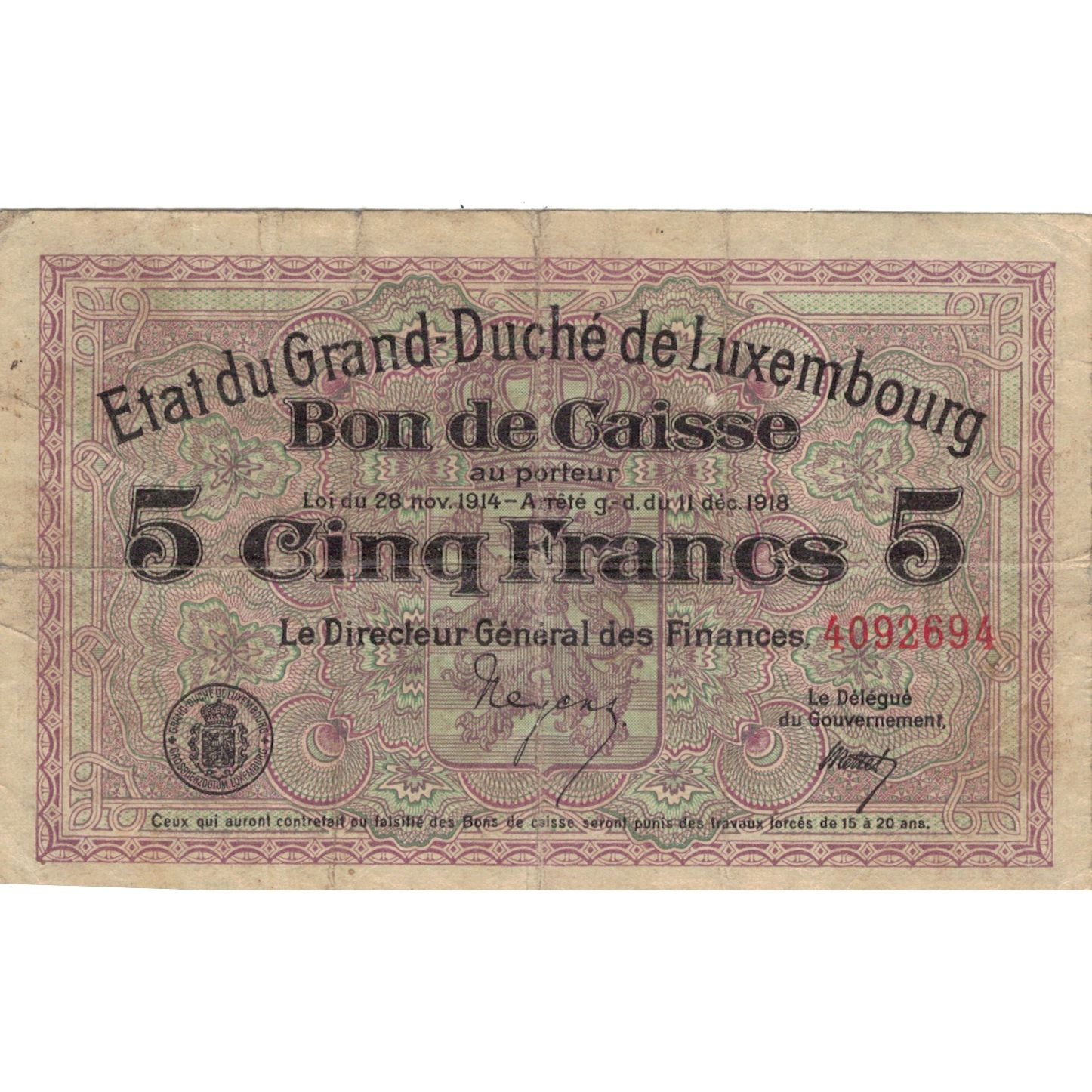 Banknote, Luxembourg, 5 Francs, valeur faciale, 1918, 1918-12-11, VF(20-25)