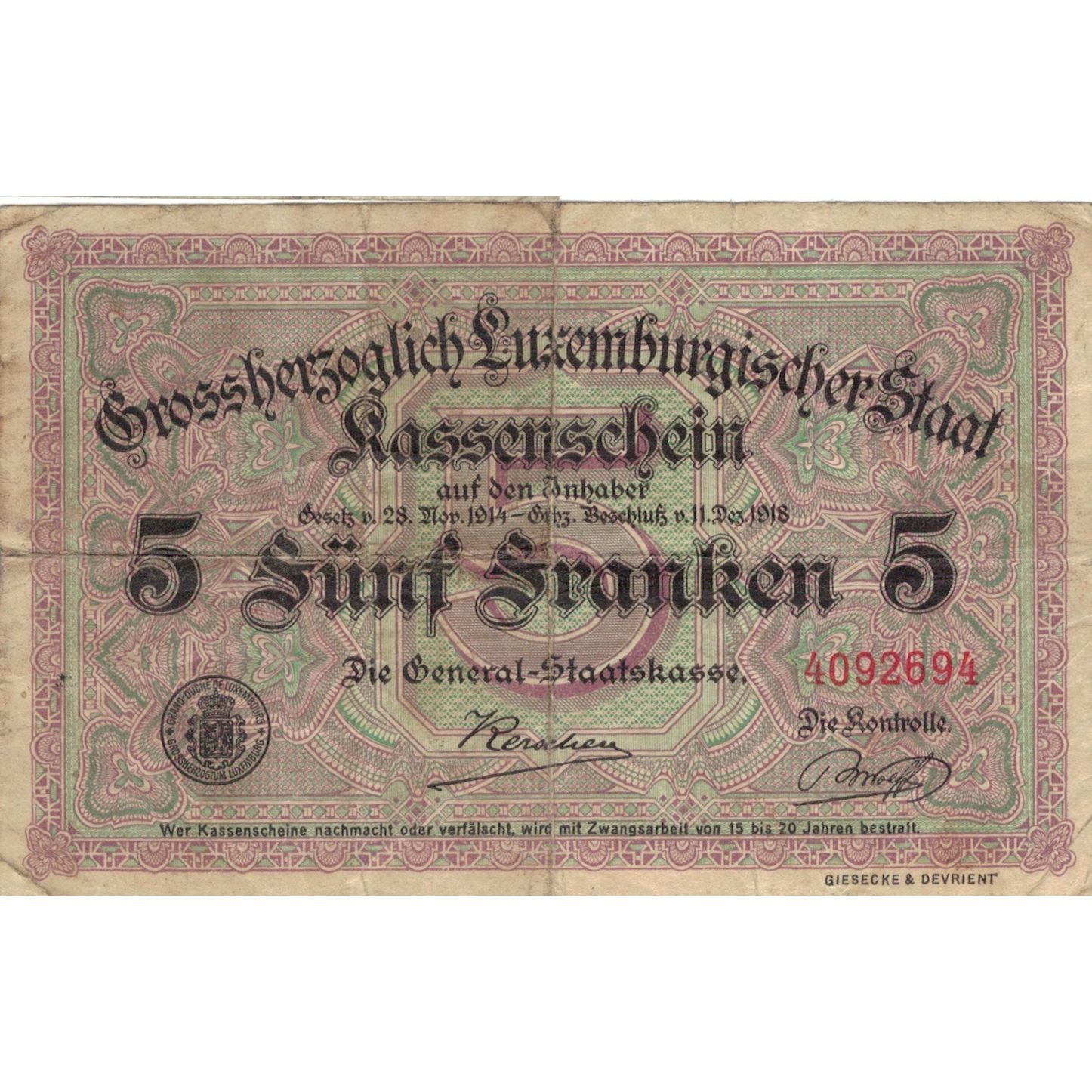 Banknote, Luxembourg, 5 Francs, valeur faciale, 1918, 1918-12-11, VF(20-25)