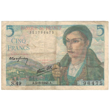 France, 5 Francs, Berger, 1943, S.49 96475, VF(30-35), Fayette:05.03, KM:98a