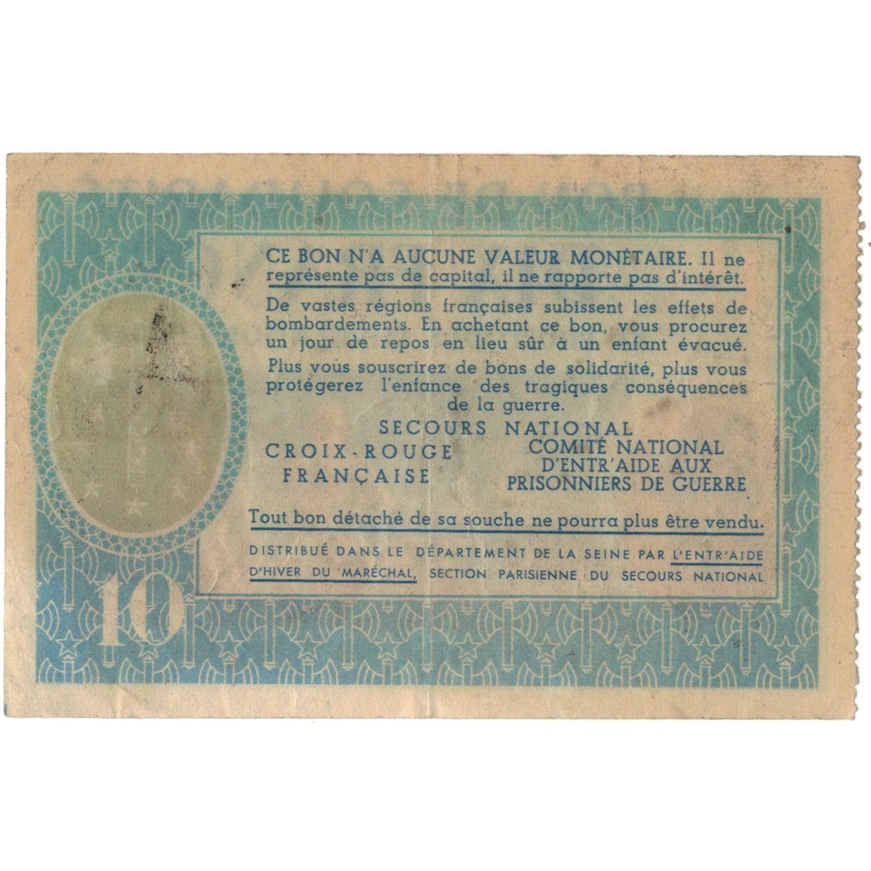 France, Bon de Solidarité, 10 Francs, VF(30-35)