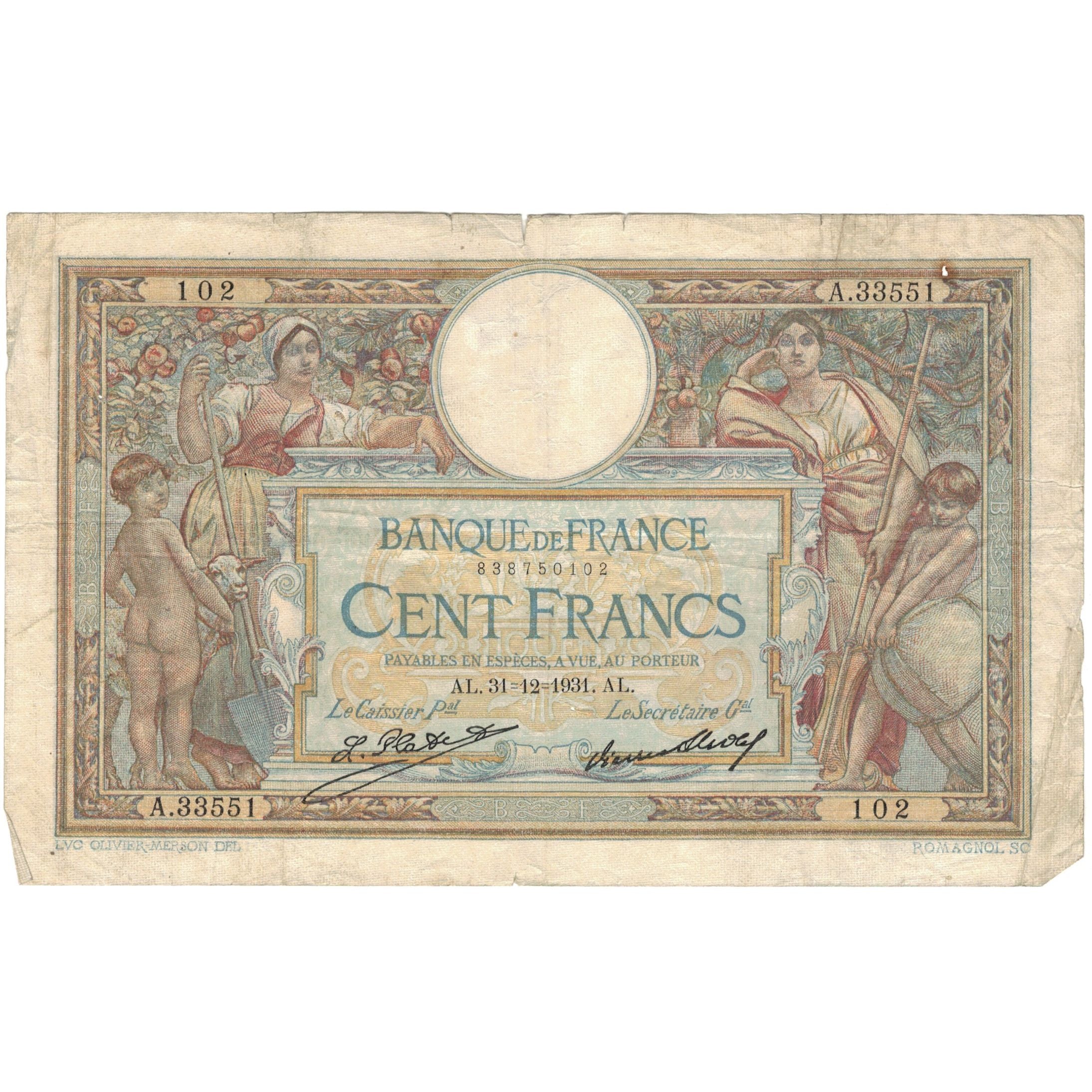 Frankreich, 100 Francs, Luc Olivier Merson, 1931, M.32793 405, S, Fayette:24.10