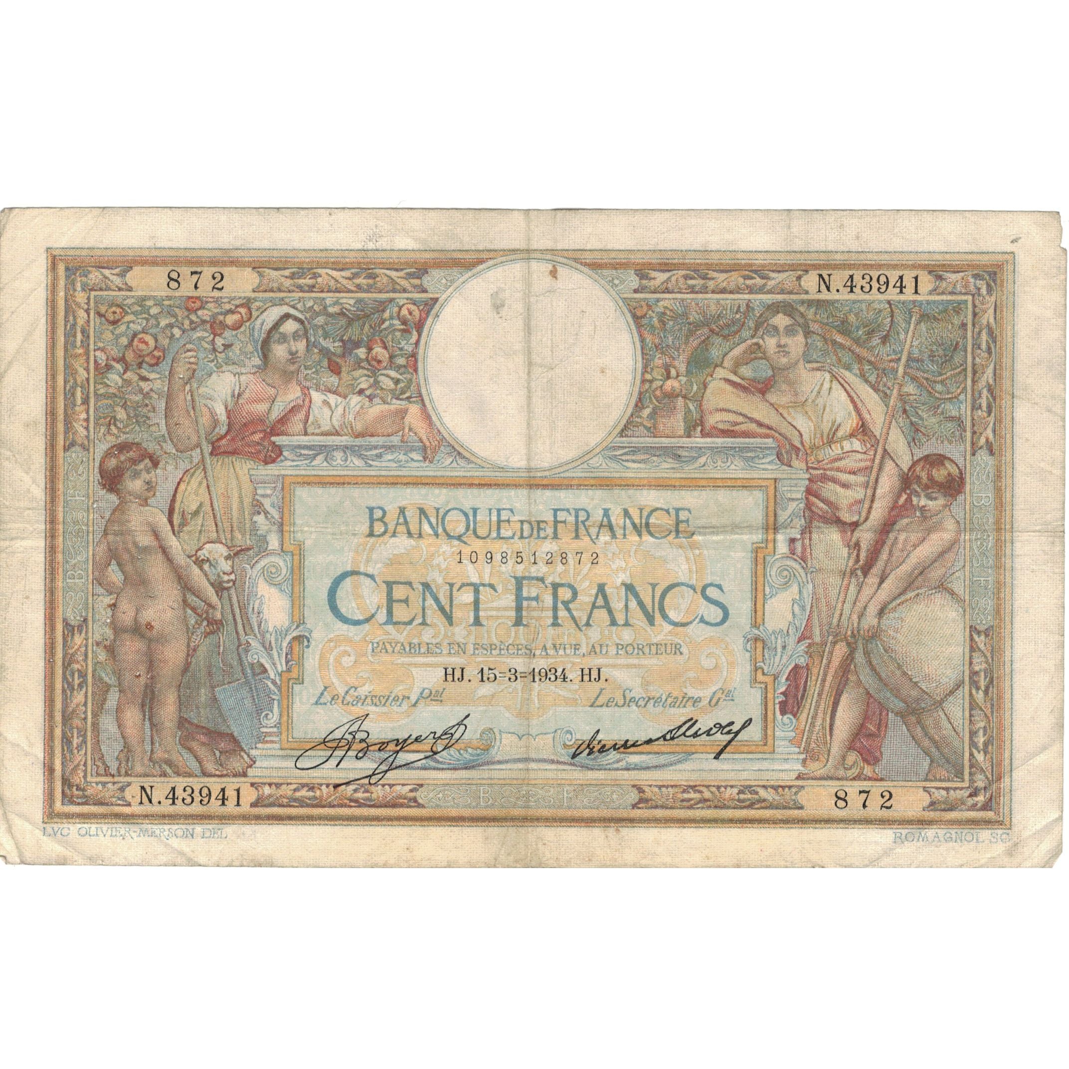France, 100 Francs, Luc Olivier Merson, 1934, N.43941 872, TB, Fayette:24.15