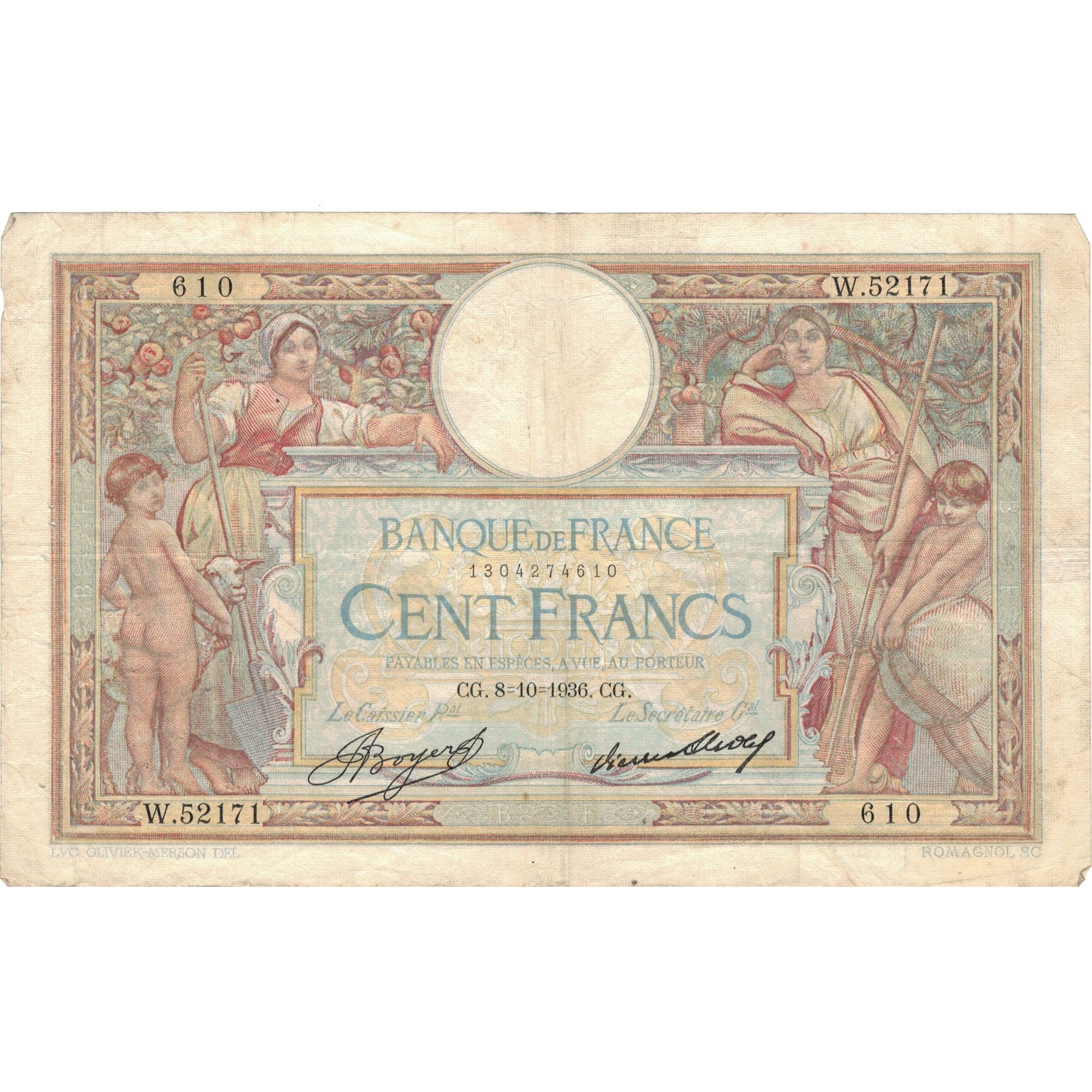 França, 100 Francs, 1936, W.52171 610, VF(30-35), Fayette:24.15, KM:78b