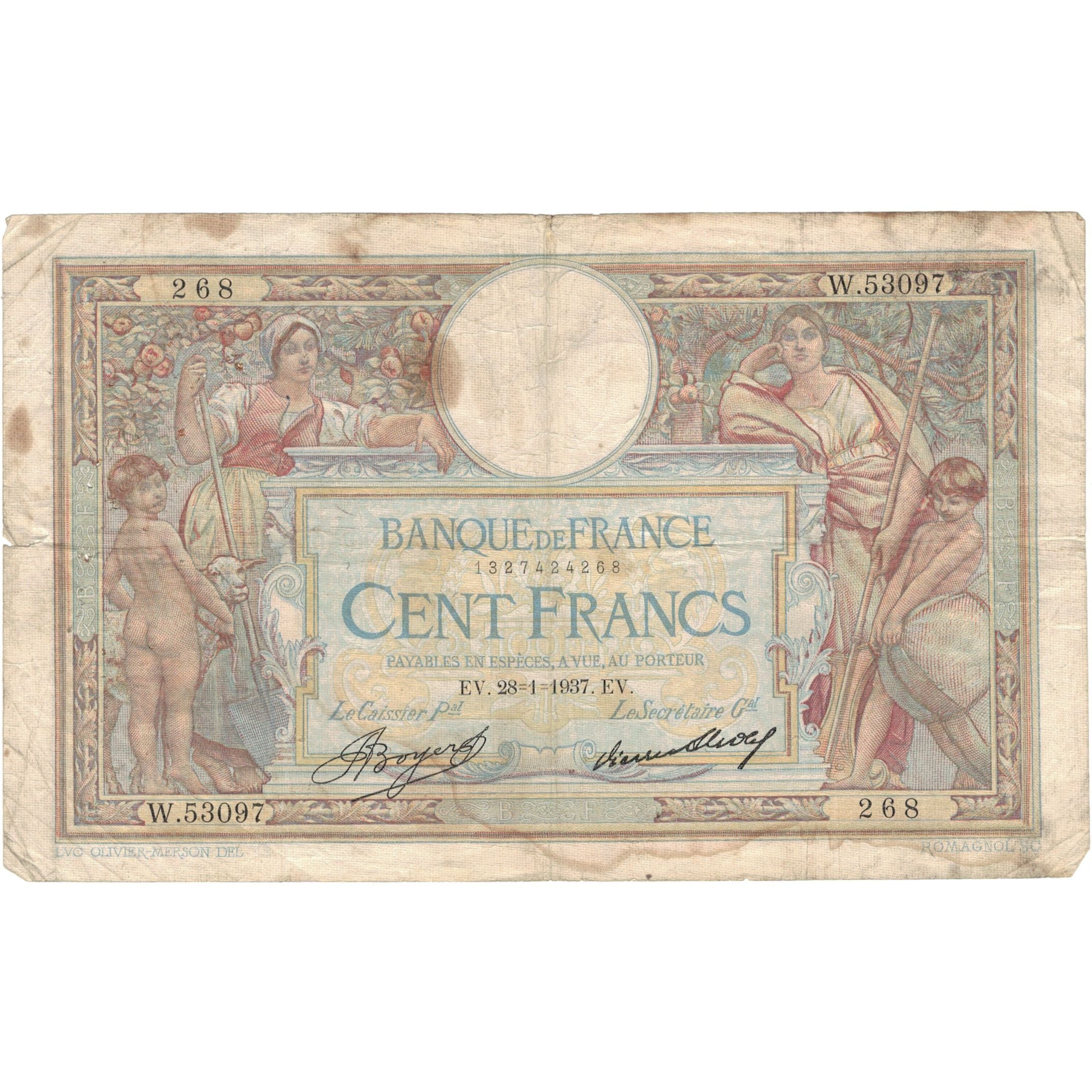Francia, 100 Francs, Luc Olivier Merson, 1937, W.53097 268, BC+, Fayette:24.16