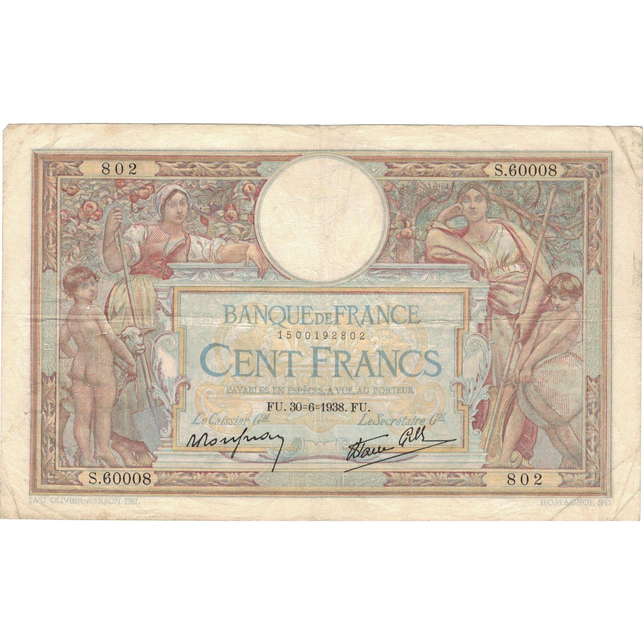Francia, 100 Francs, 1938, S.60008 802, BB, Fayette:25.24, KM:86b