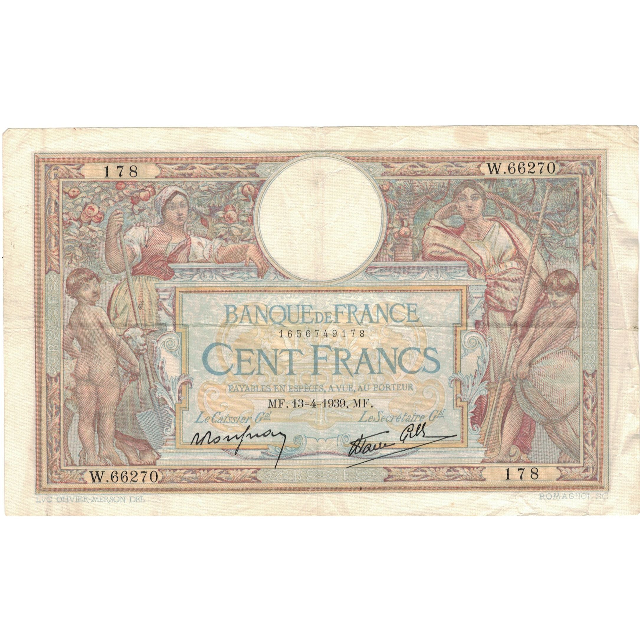 França, 100 Francs, Luc Olivier Merson, 1939, W.66270 178, VF(30-35)