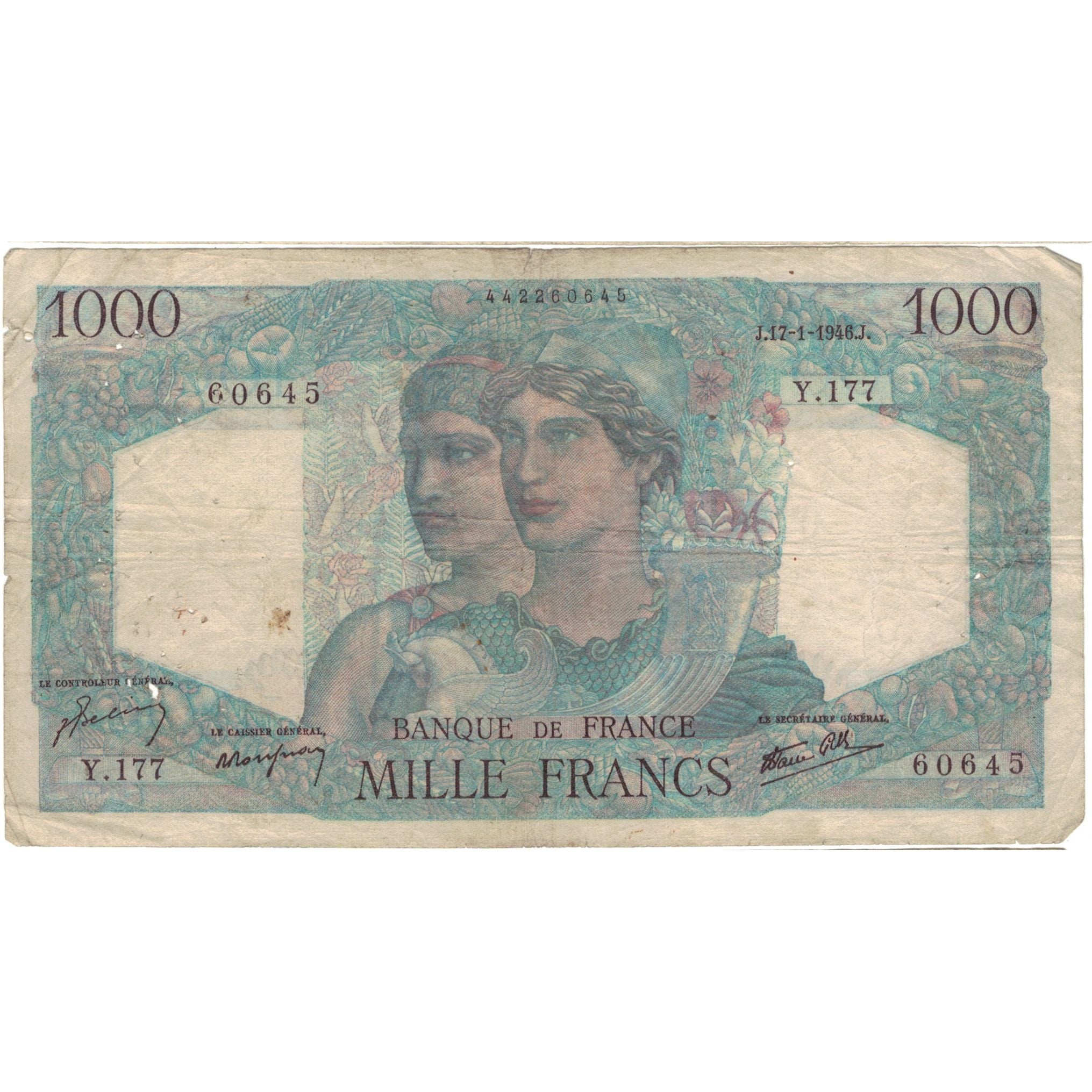 France, 1000 Francs, Minerve et Hercule, 1946, Y.177 60645, VF(20-25)