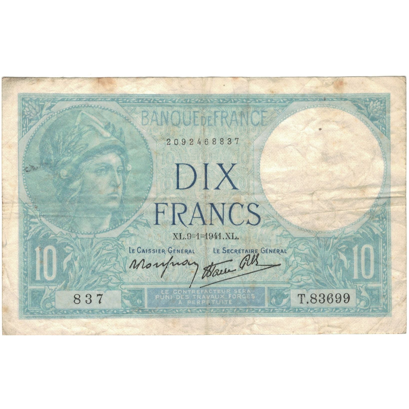 France, 10 Francs, Minerve, 1941, 837 T.83699, TB+, Fayette:7.27, KM:84