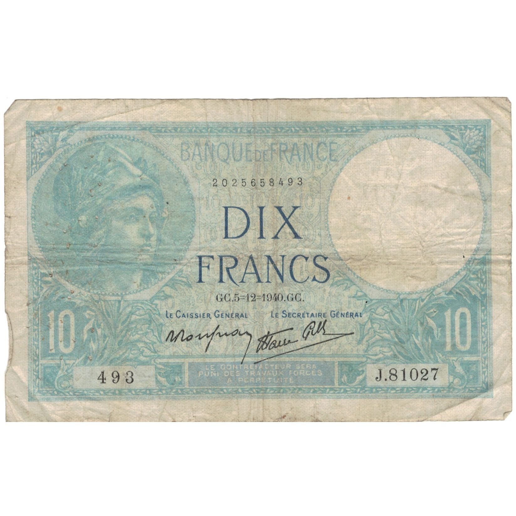 Francja, 10 Francs, Minerve, 1940, 493 J.81027, VF(20-25), Fayette:7.23, KM:84