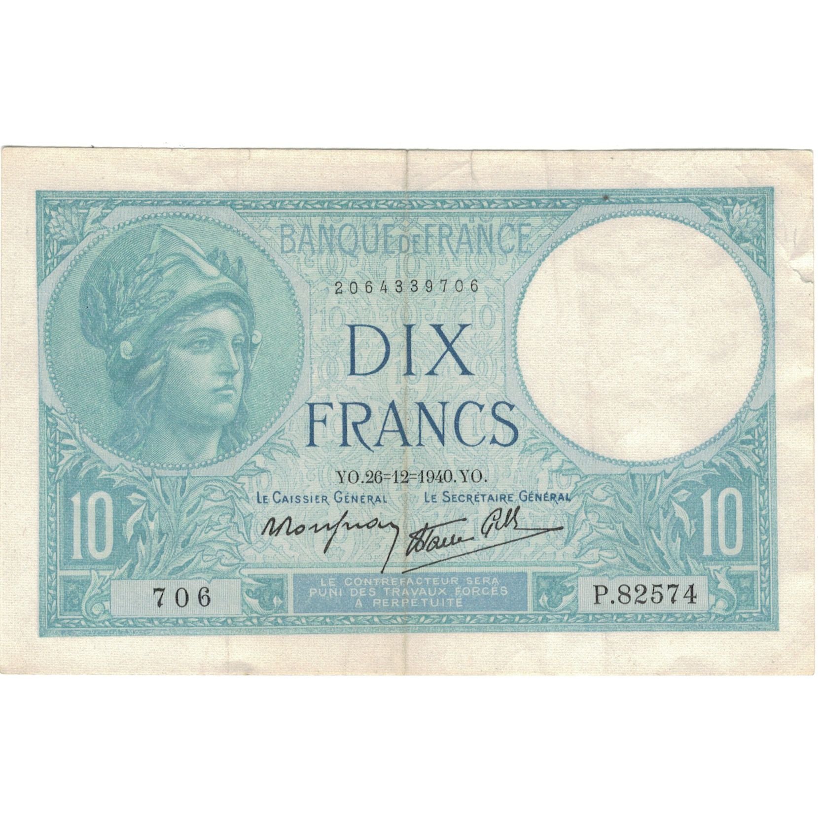 Francja, 10 Francs, Minerve, 1940, 706 P.82574, AU(50-53), Fayette:7.25, KM:84