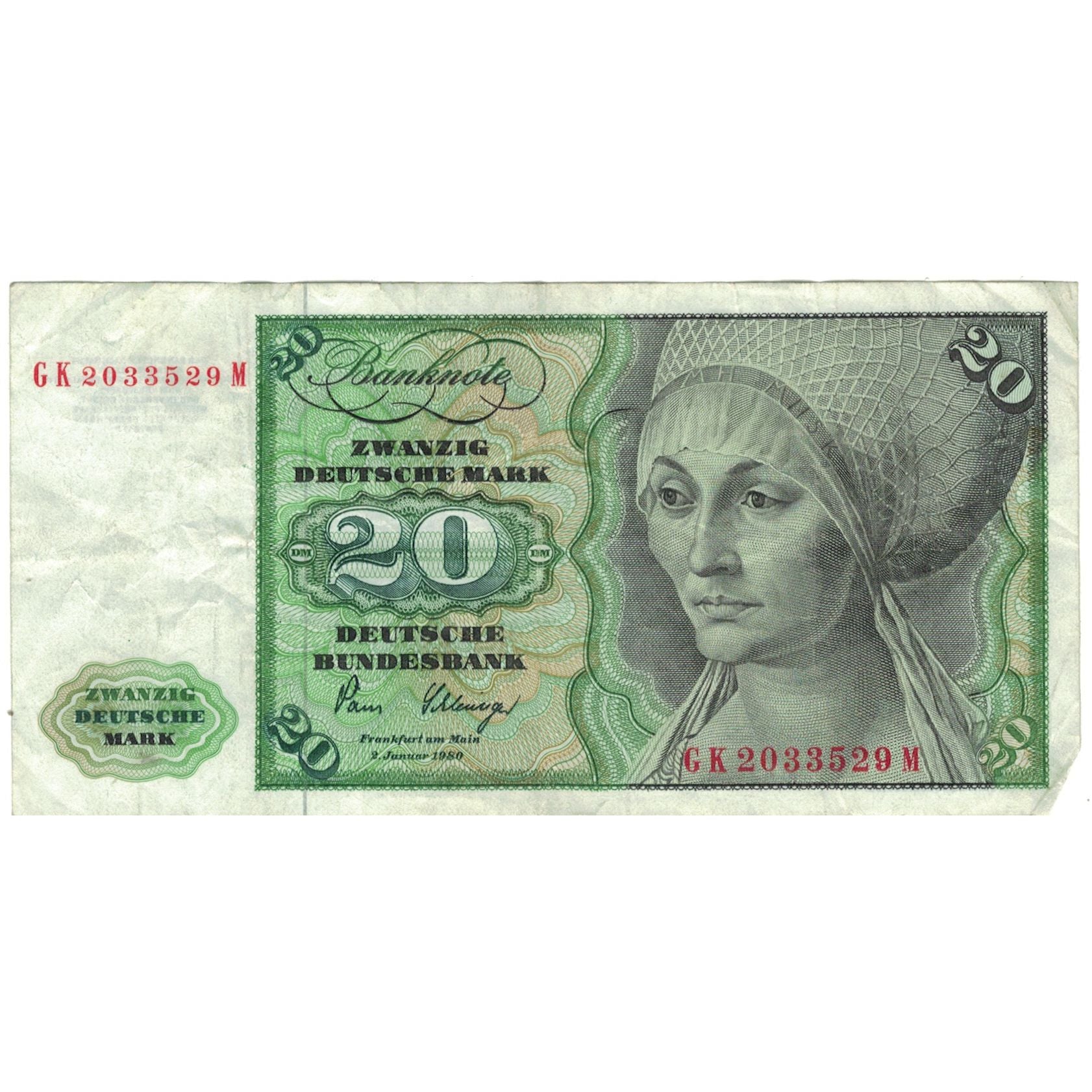 Banknot, Niemcy - RFN, 20 Deutsche Mark, 1980, 1980-01-02, KM:32d, EF(40-45)