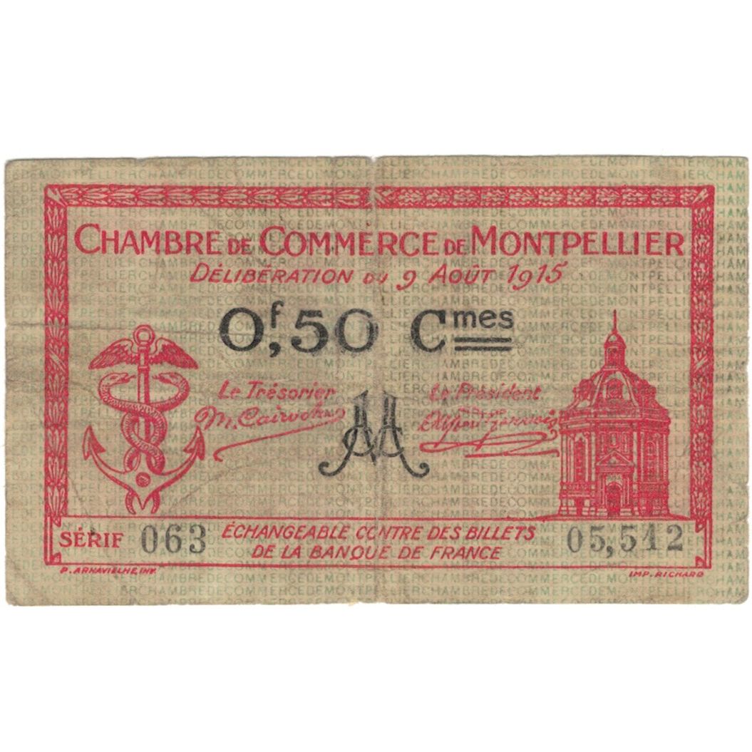 France, Montpellier, 50 Centimes, 1915, Chambre de Commerce, VF(20-25)