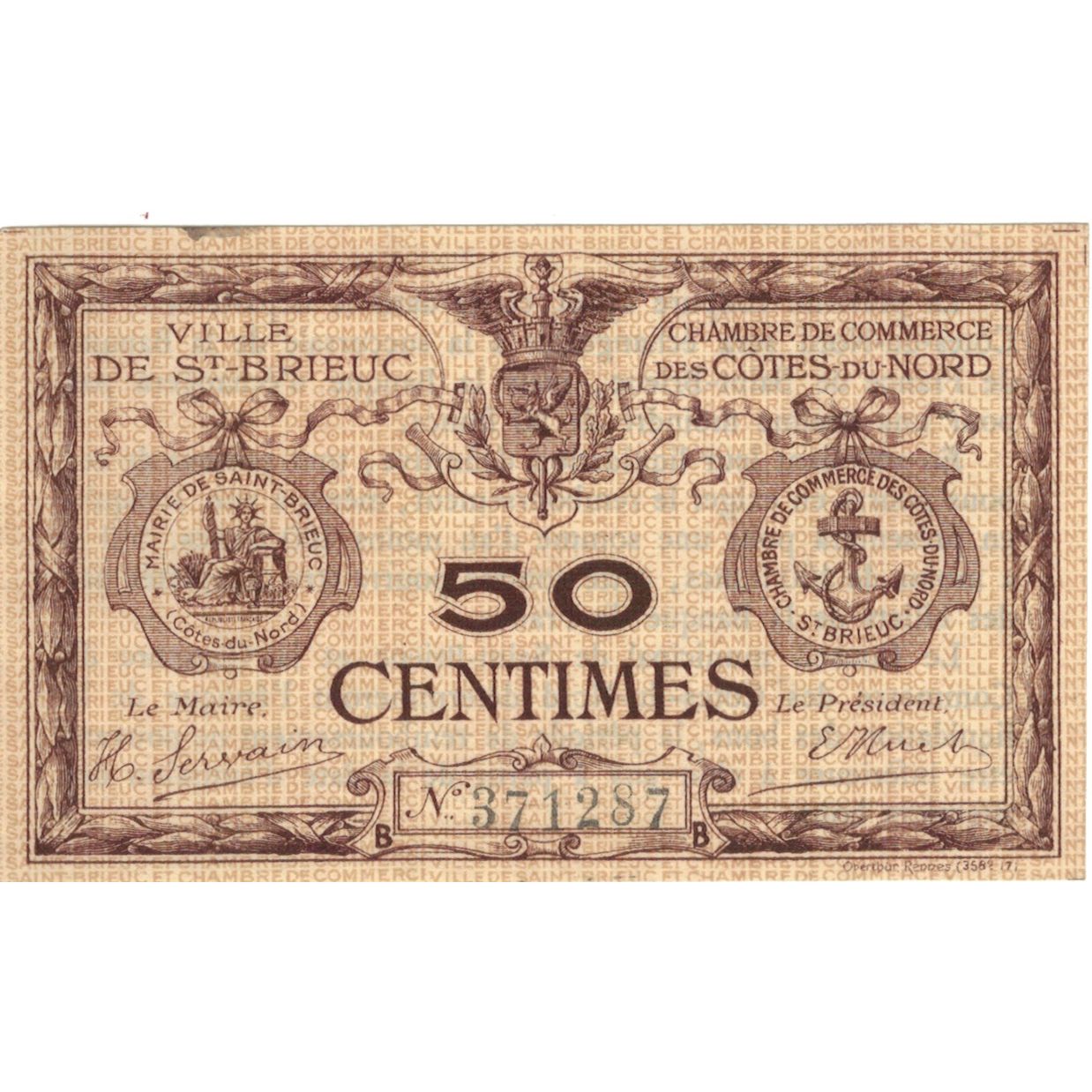 Frankreich, Saint-Brieuc, 50 Centimes, Chambre de Commerce, UNZ, Pirot:111-1