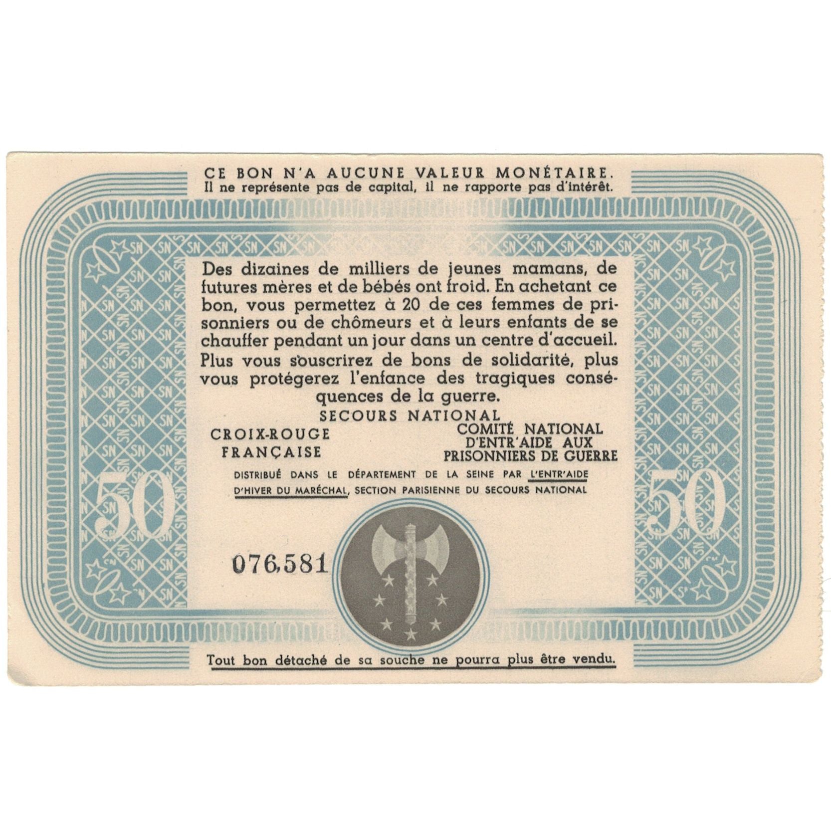 Frankreich, Bon de Solidarité, 50 Francs, Bon de solidarité, VZ+