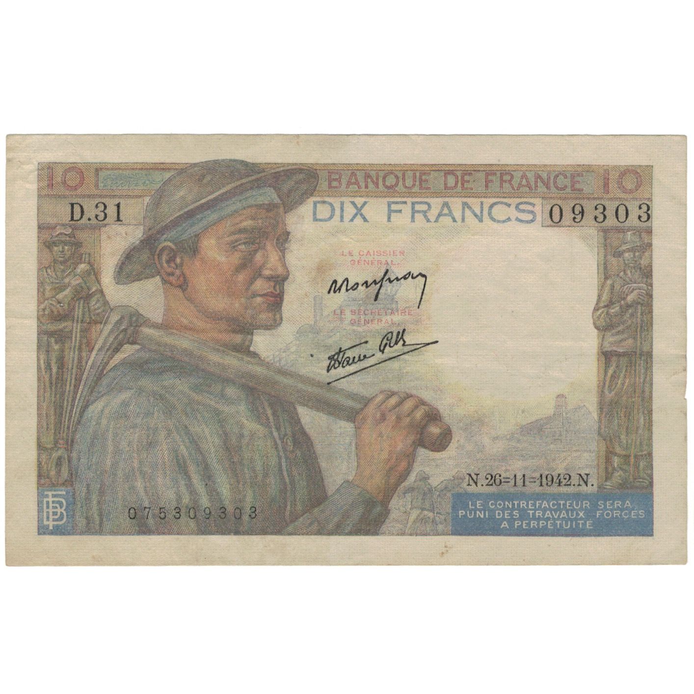 France, 10 Francs, Mineur, 1942, D.31, VF(30-35), Fayette:8.6, KM:99c