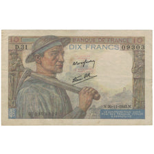 France, 10 Francs, Mineur, 1942, D.31, VF(30-35), Fayette:8.6, KM:99c