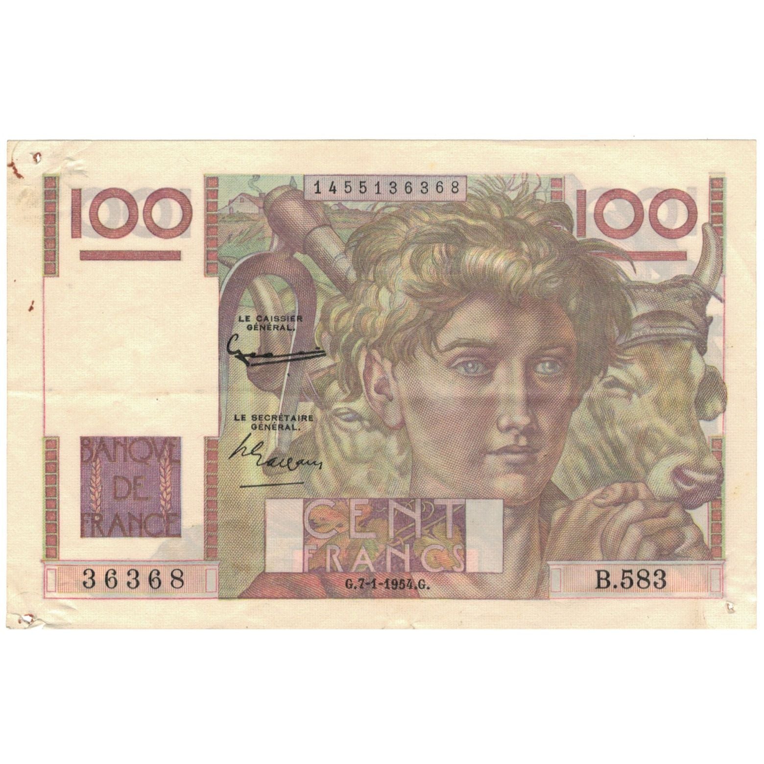 França, 100 Francs, Jeune Paysan, 1954, B.583, VF(20-25), Fayette:28.41