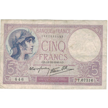 France, 5 Francs, Violet, 1940, T.67316, TB, Fayette:4.17, KM:83
