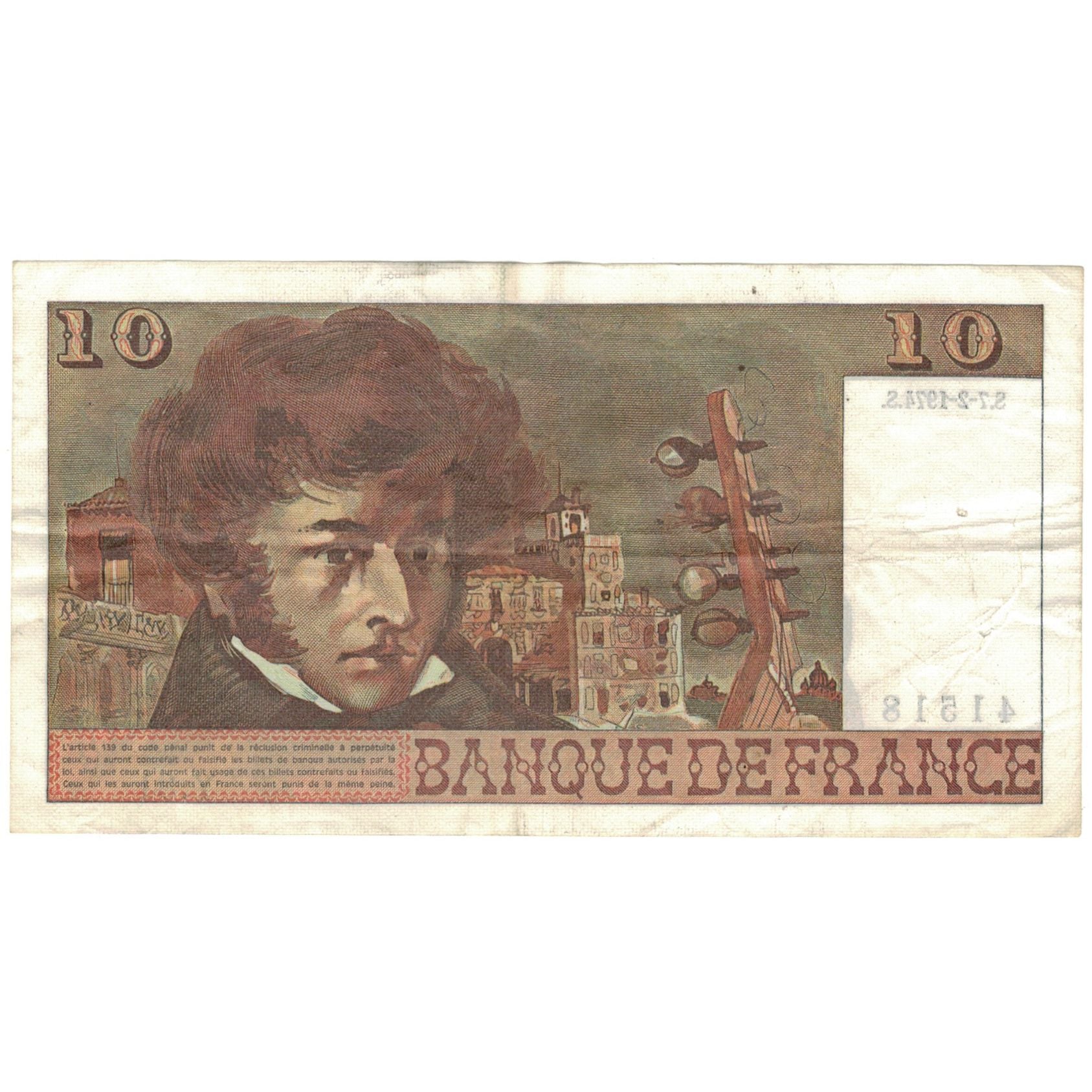 Francia, 10 Francs, Berlioz, 1974, Y.31, BB+, Fayette:63.3, KM:150a