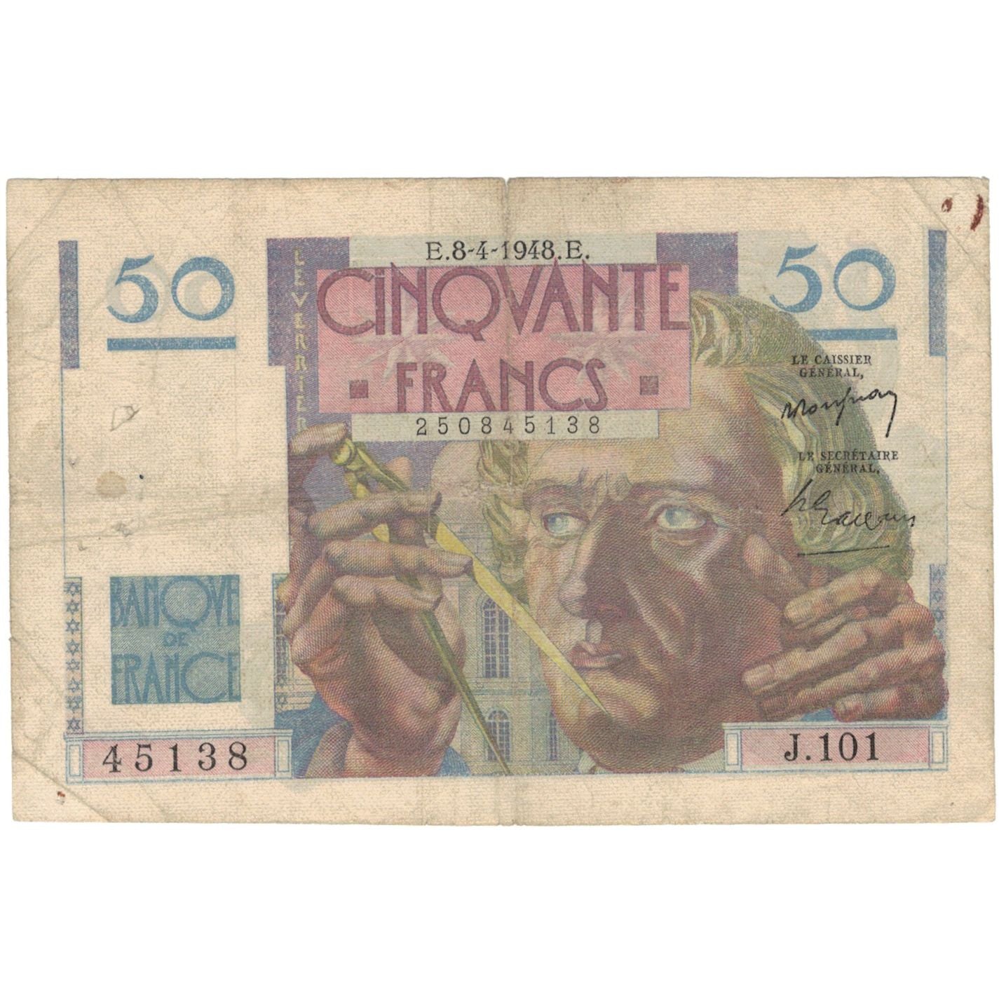 França, 50 Francs, Le Verrier, 1948, J.101, VF(20-25), Fayette:20.10, KM:127b