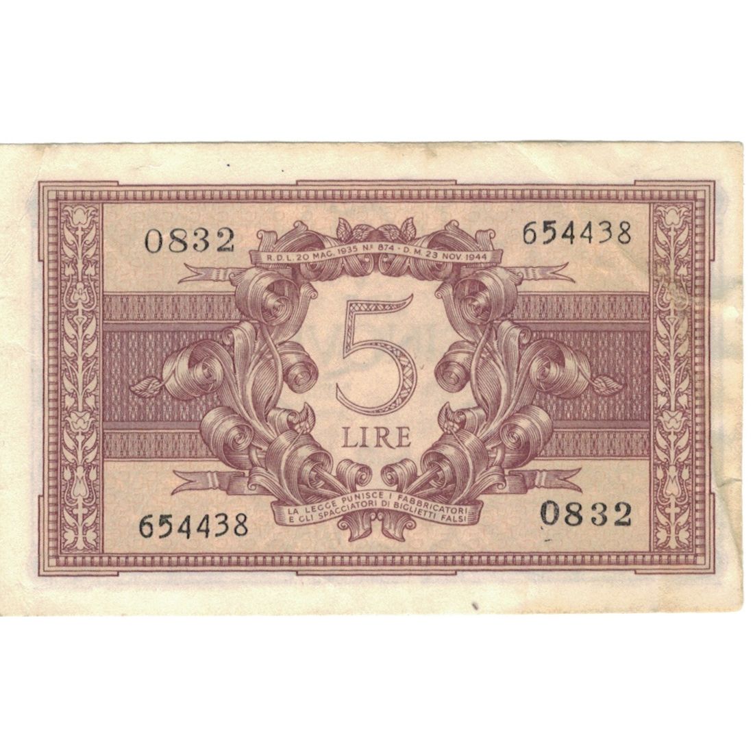 Billet, Italie, 5 Lire, 1944, 1944-11-23, KM:31c, TTB+