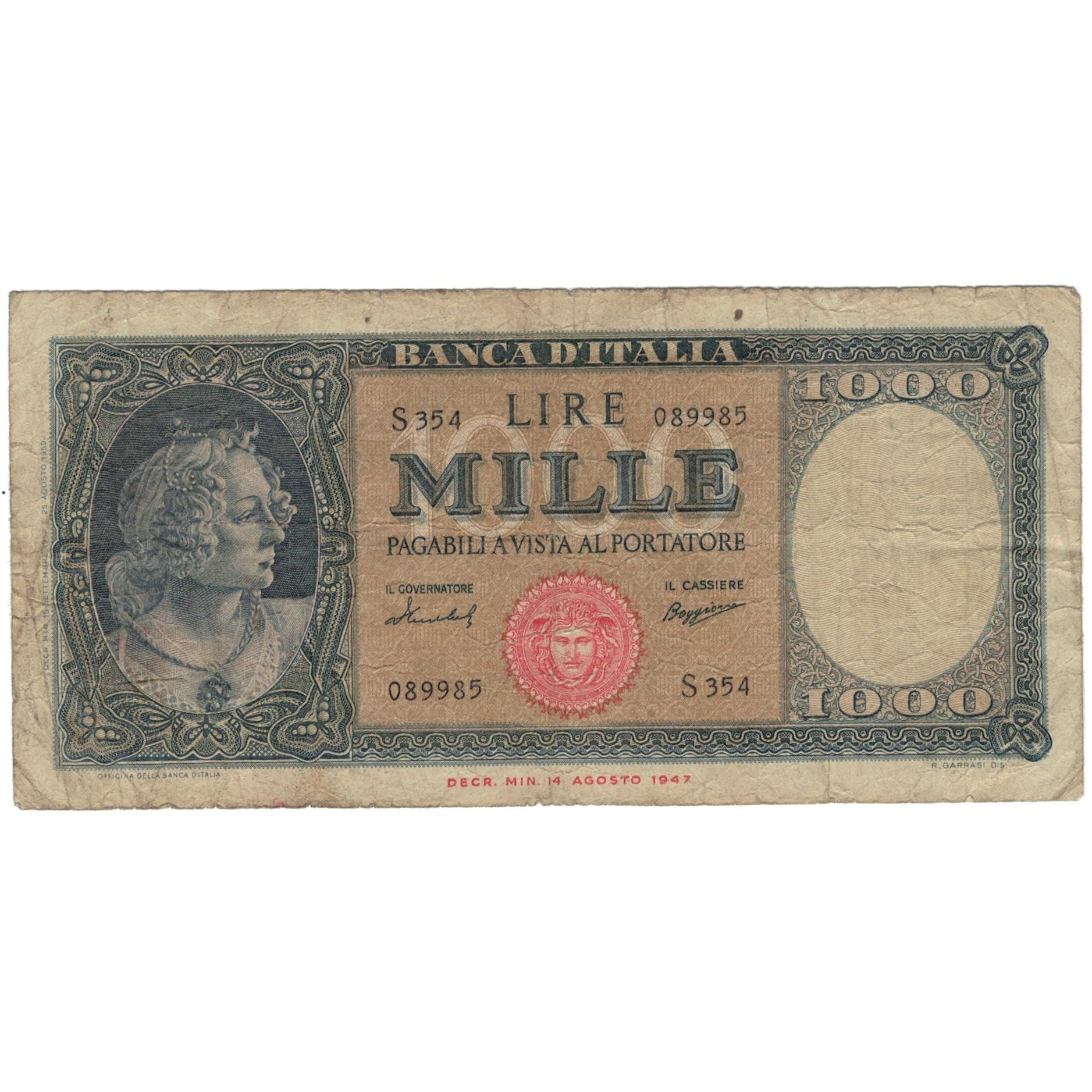 Banknote, Italy, 1000 Lire, 1947, 1947-08-14, KM:88a, VF(20-25)
