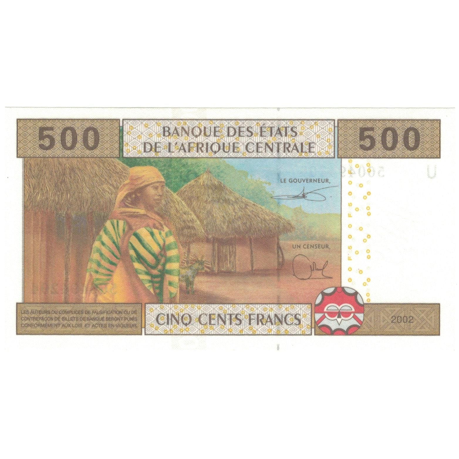 Banknote, Central African States, 500 Francs, 2002, KM:106T, UNC(65-70)