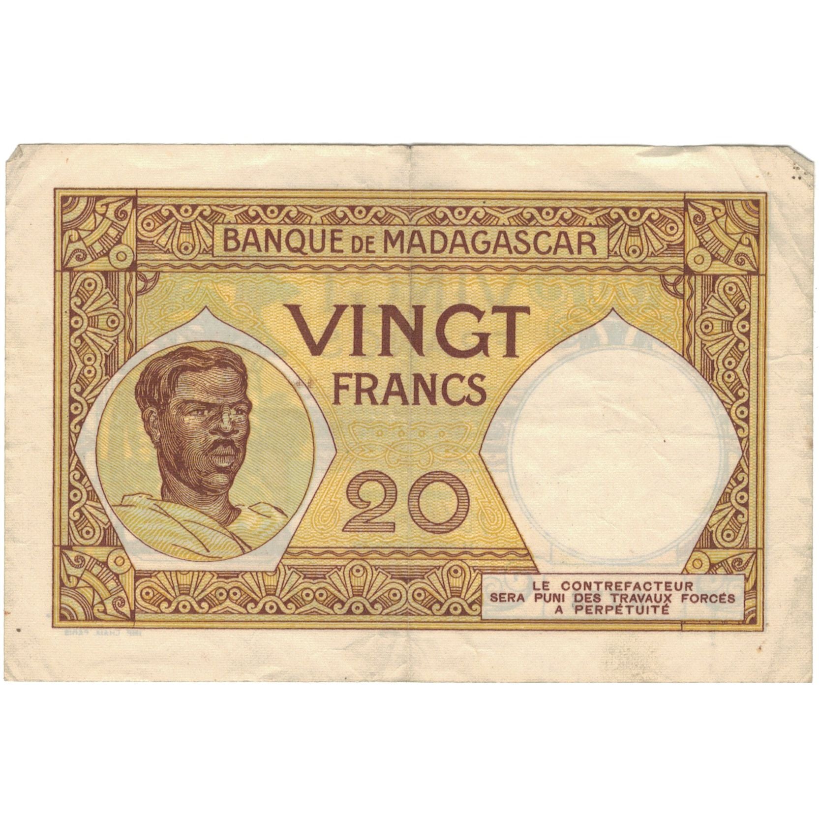 Billet, Madagascar, 20 Francs, Undated (1937-47), KM:37, TTB