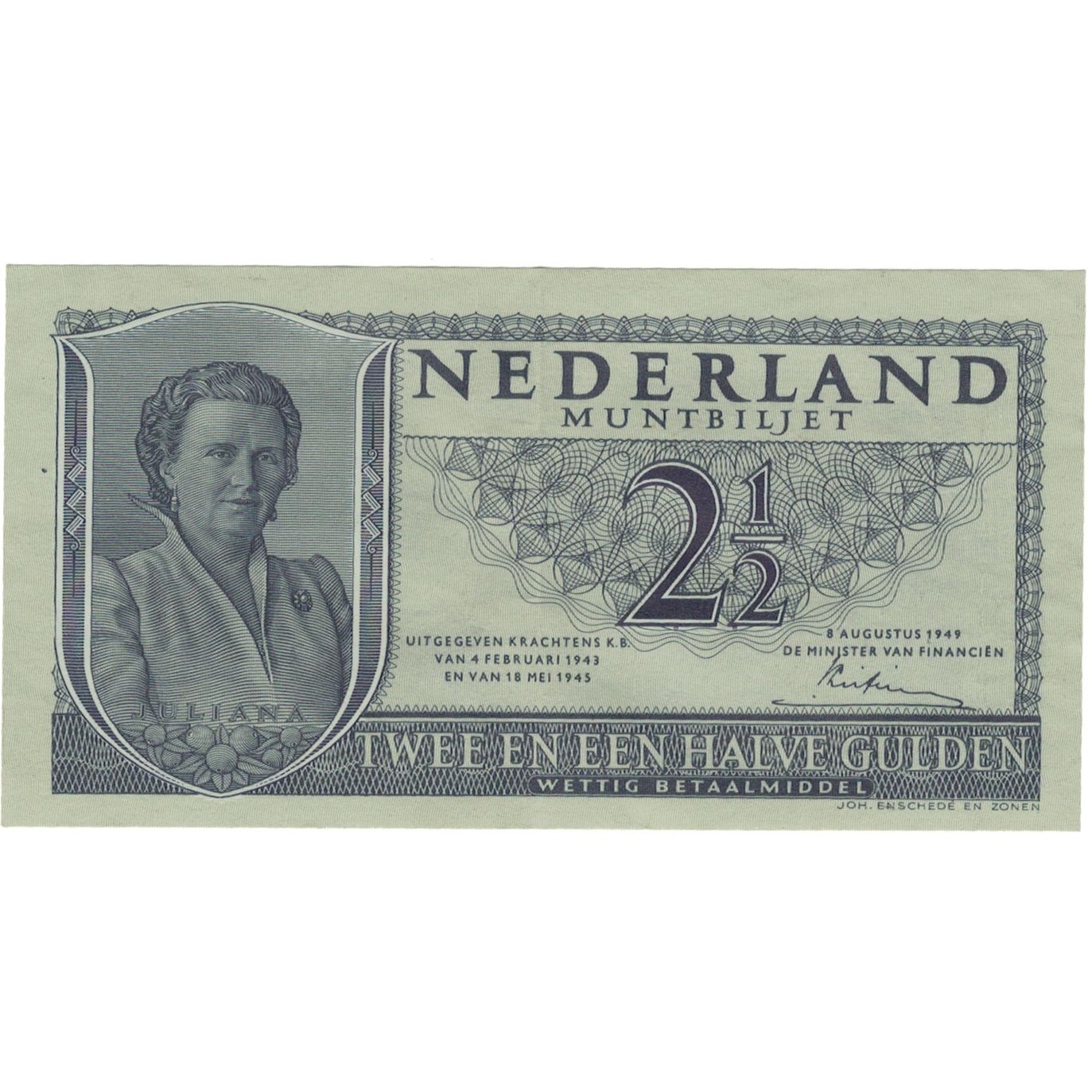 Banknote, Netherlands, 2 1/2 Gulden, 1945, 1945-05-18, KM:71, UNC(65-70)