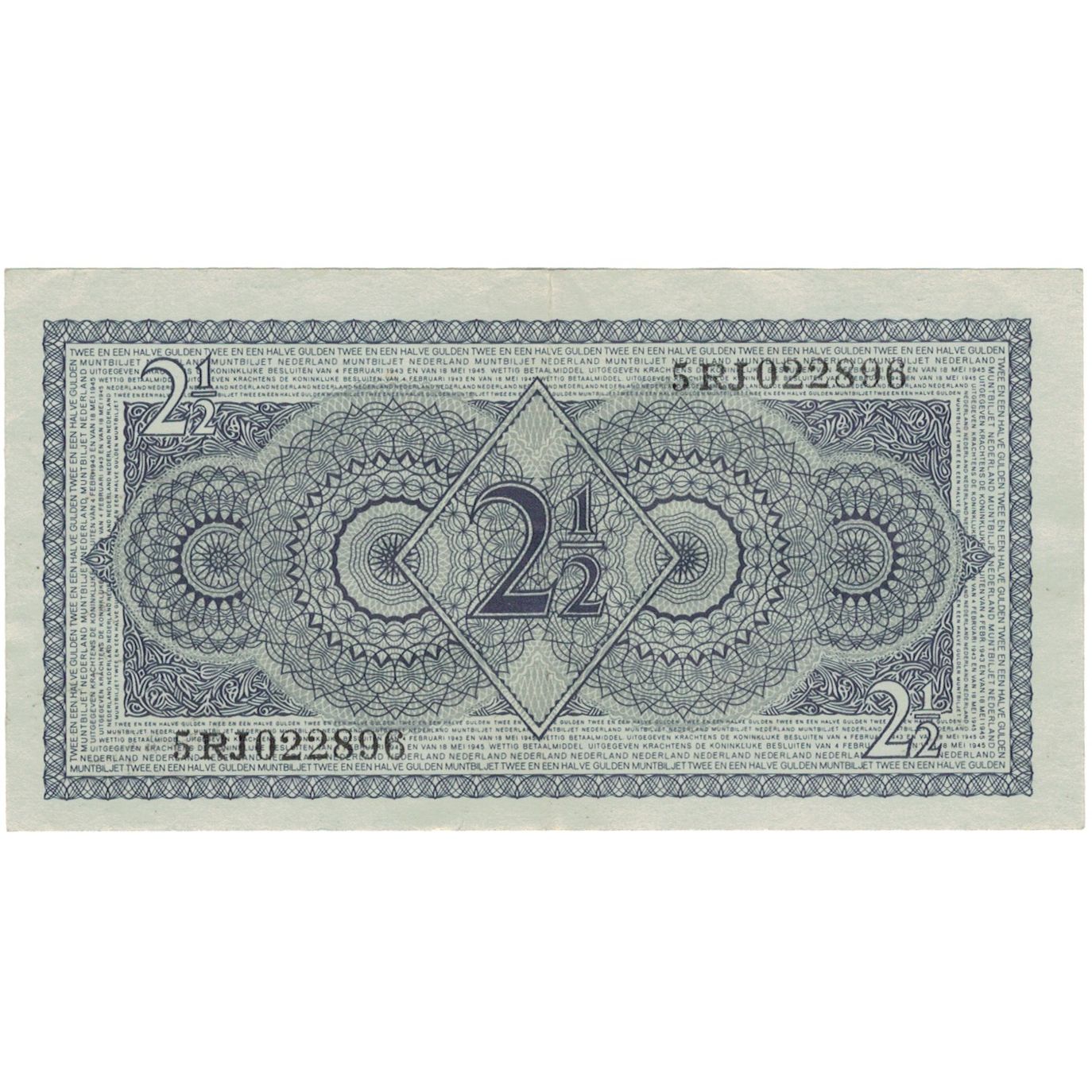Banknote, Netherlands, 2 1/2 Gulden, 1945, 1945-05-18, KM:71, UNC(65-70)