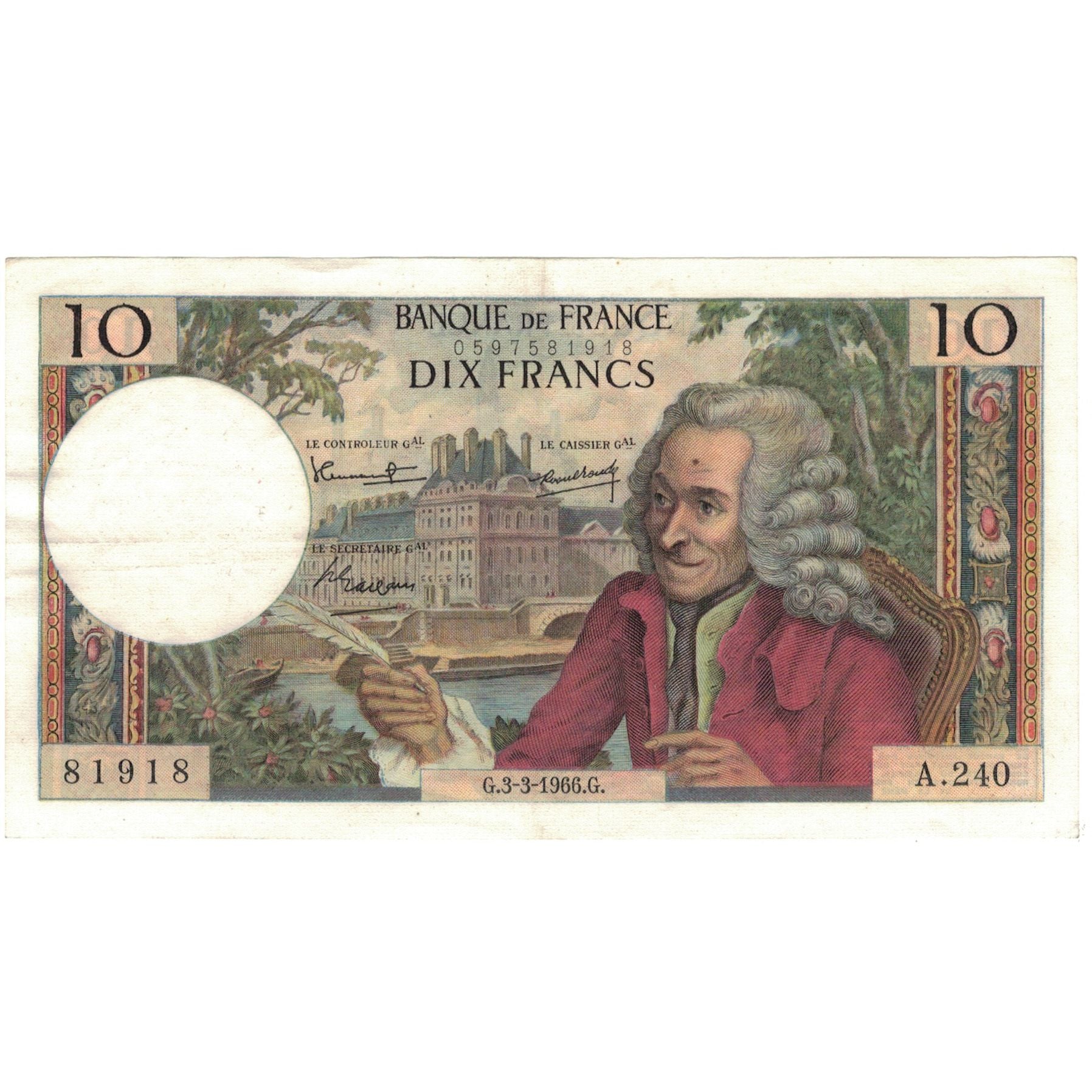 France, 10 Francs, Voltaire, 1966, A.240, AU(55-58), Fayette:62.21, KM:147b