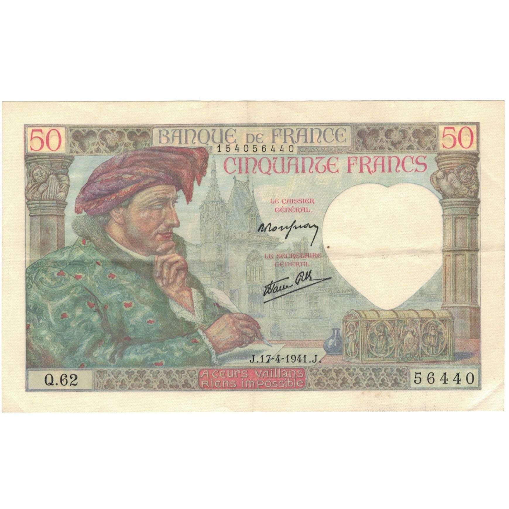Francia, 50 Francs, Jacques Coeur, 1941, Q.62, MBC+, Fayette:19.08, KM:93