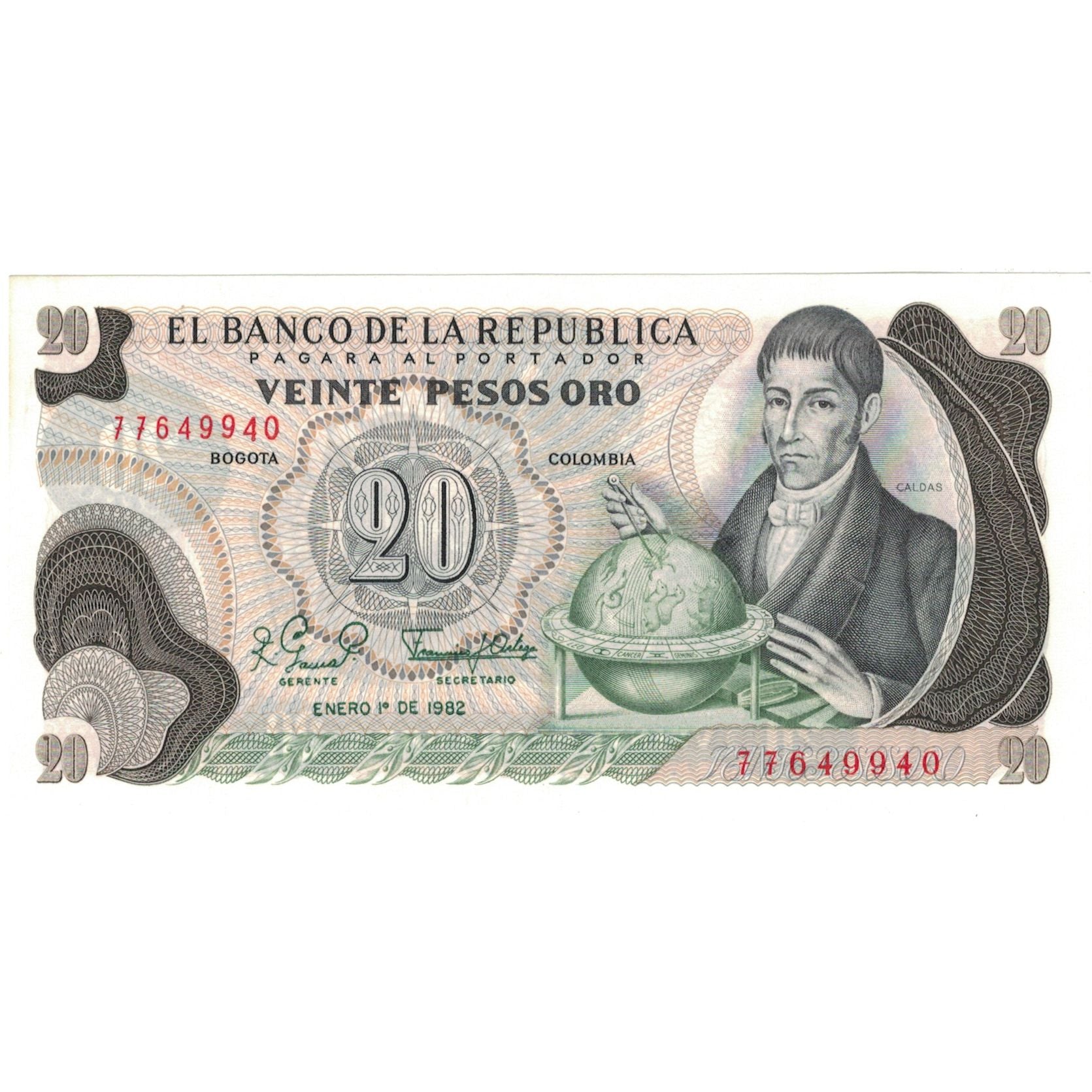 Biljet, Colombia, 20 Pesos Oro, 1982, 1982-01-01, KM:409d, SPL+
