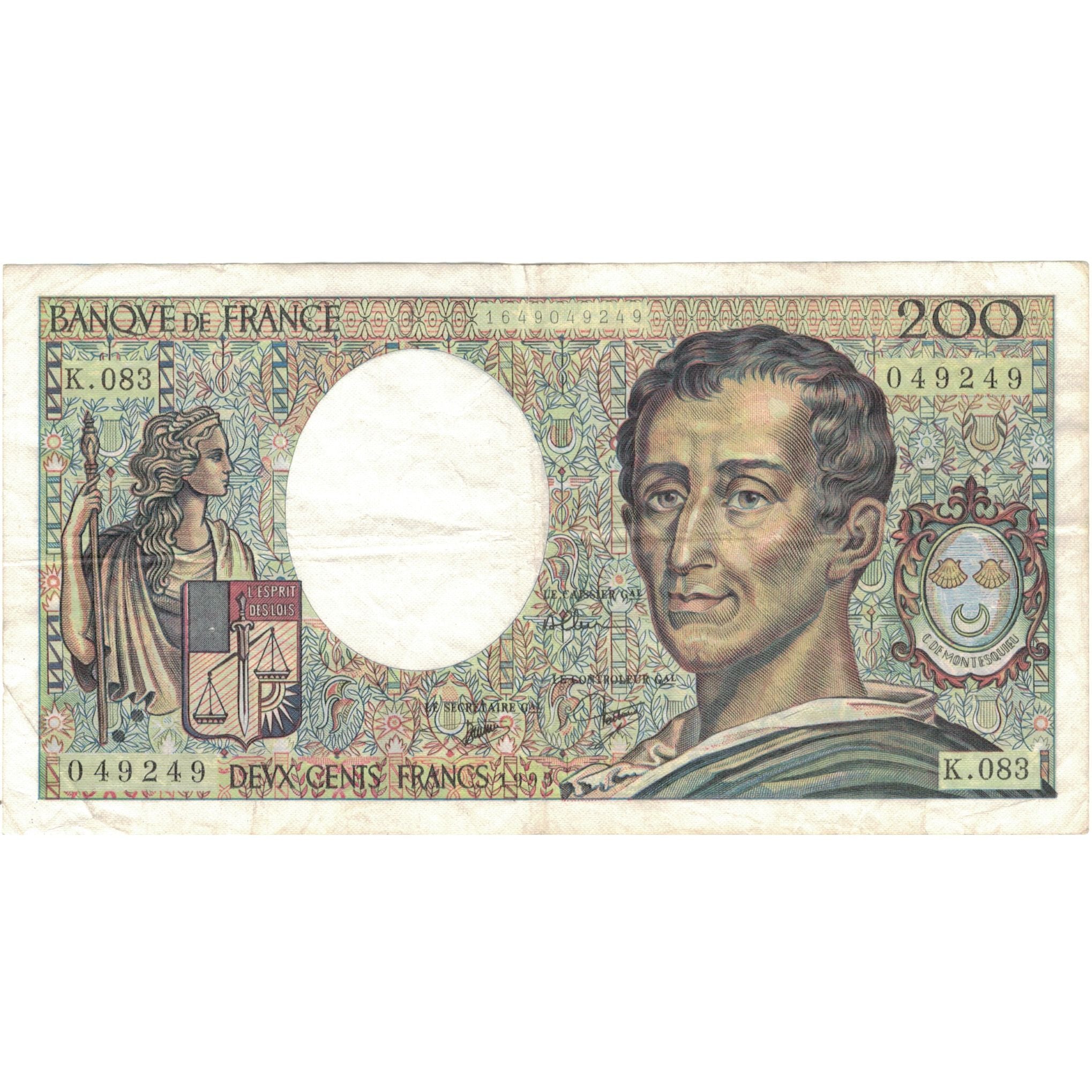 França, 200 Francs, Montesquieu, 1990, K.083, EF(40-45), Fayette:70.10a)