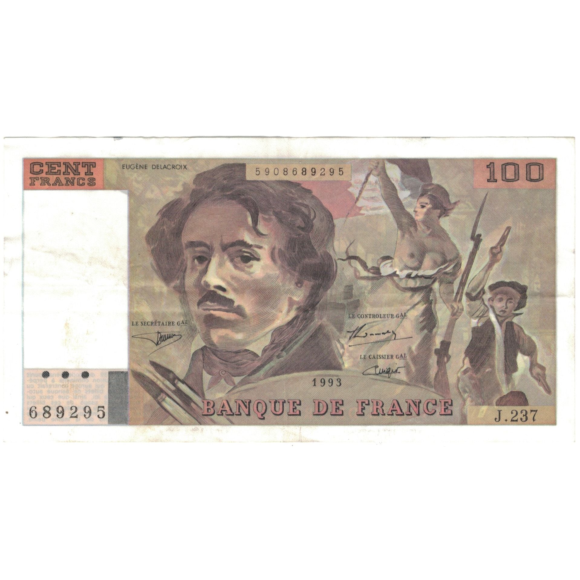 França, 100 Francs, Delacroix, 1993, J.237, EF(40-45), Fayette:69bis.8, KM:154g