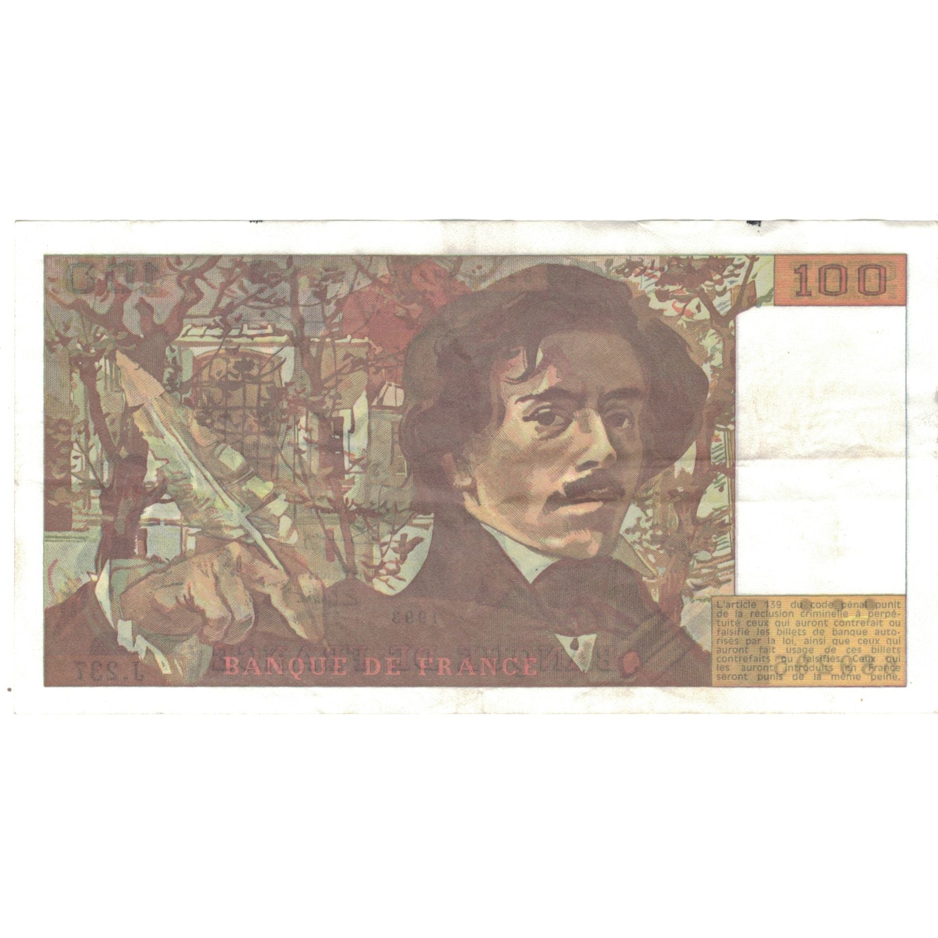 França, 100 Francs, Delacroix, 1993, J.237, EF(40-45), Fayette:69bis.8, KM:154g