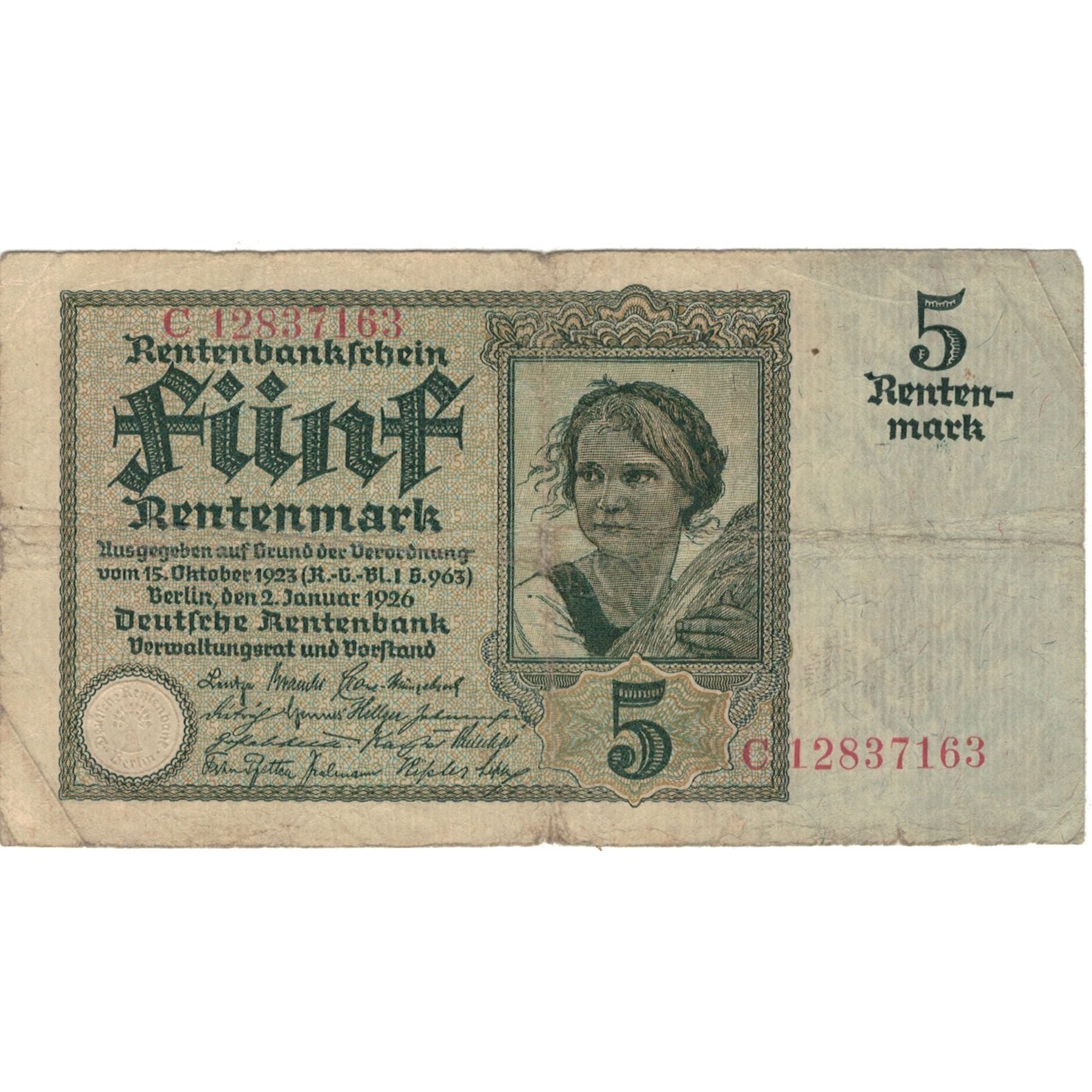Banknote, Germany, 5 Rentenmark, 1926, 1926-01-02, KM:169, VF(20-25)