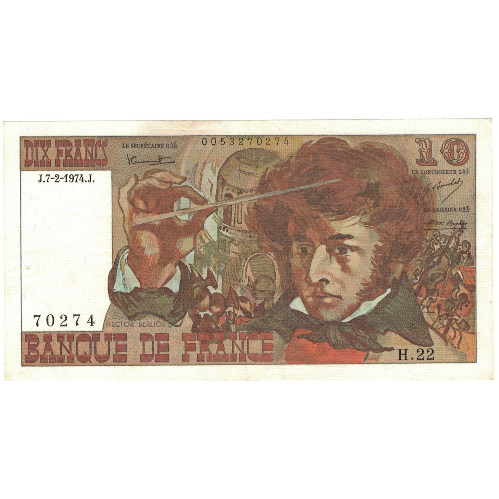 Francia, 10 Francs, Berlioz, 1974, H.22 70274, EBC+, Fayette:63.3, KM:150a