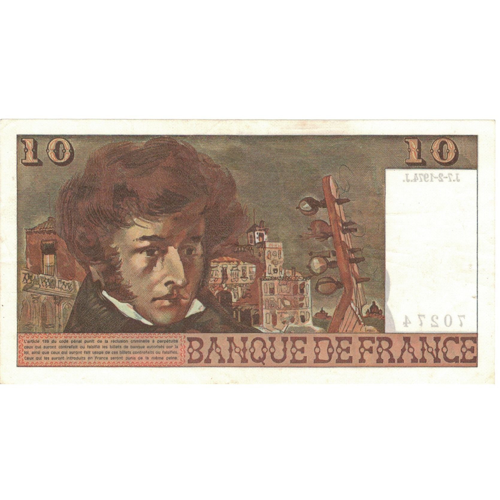 Francia, 10 Francs, Berlioz, 1974, H.22 70274, EBC+, Fayette:63.3, KM:150a